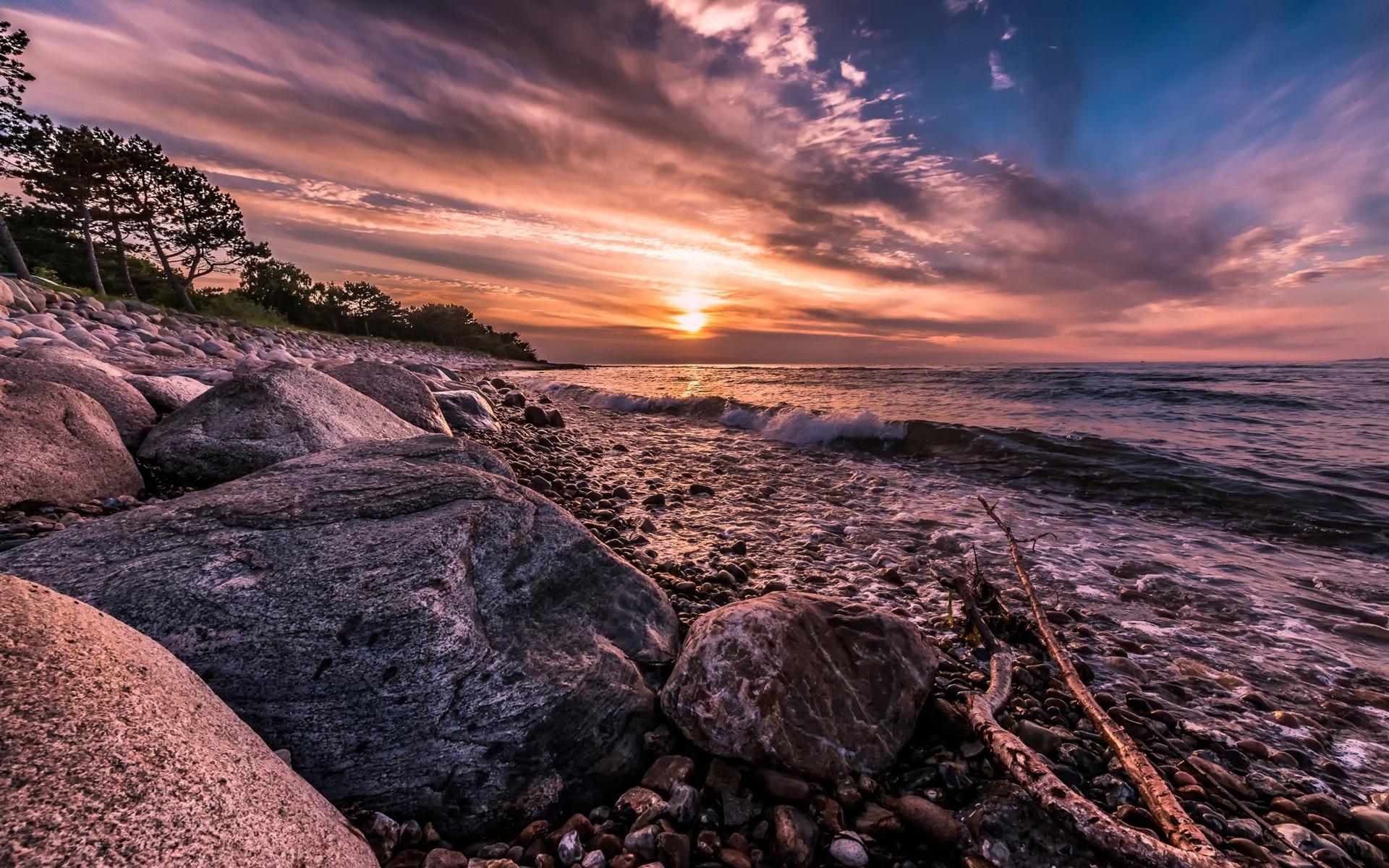 1920x1200 Wallpaper Denmark, coast, sea, surf, rocks, sunset 1920x1200 HD Picture, Image