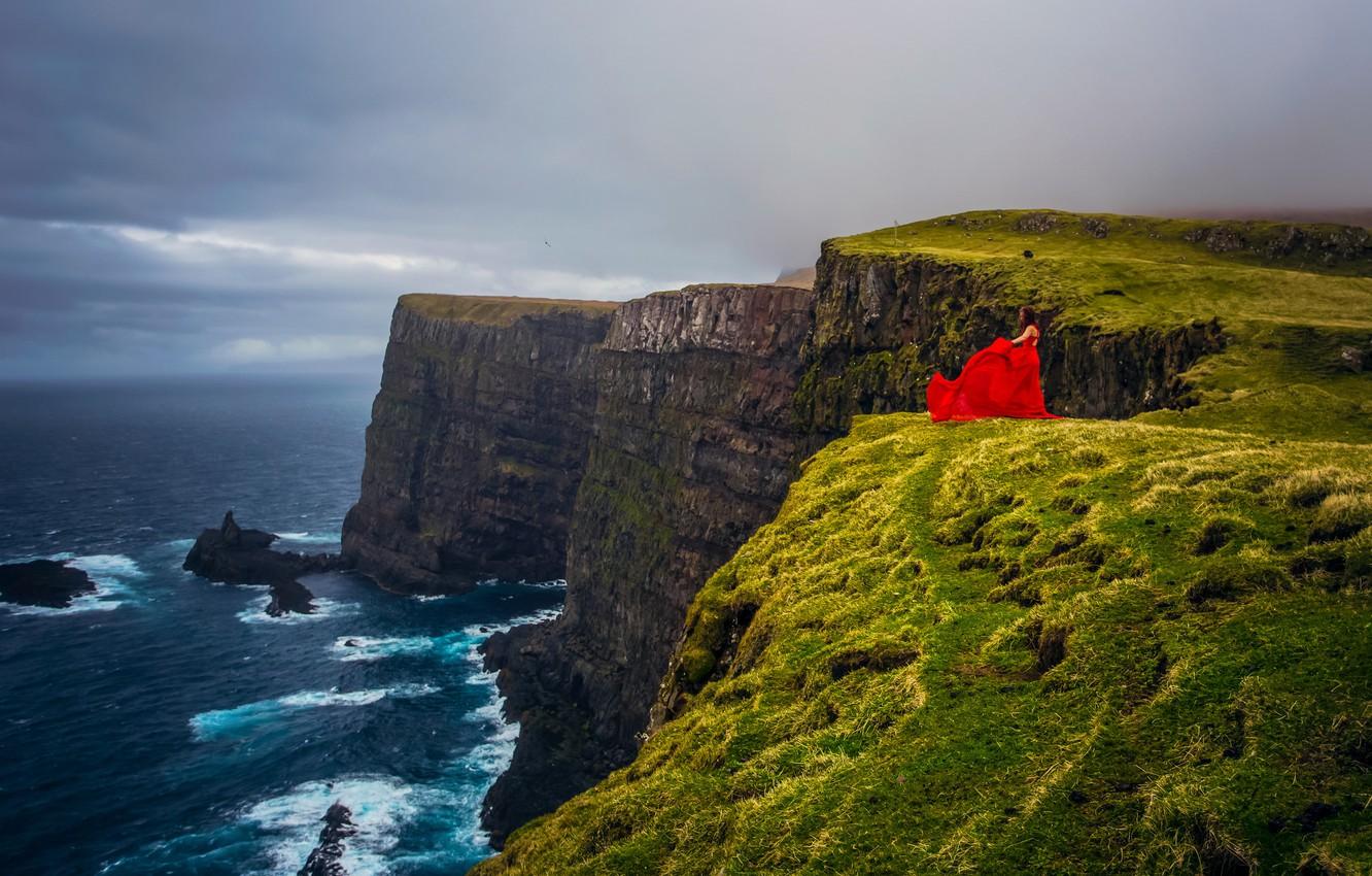 1332x850 Wallpaper girl, mood, the ocean, coast, Denmark, red dress, The Atlantic ocean, Faroe Islands, Faroe Islands, Denmark, Atlantic Ocean, Mykines, the island Mykines image for desktop, section природа
