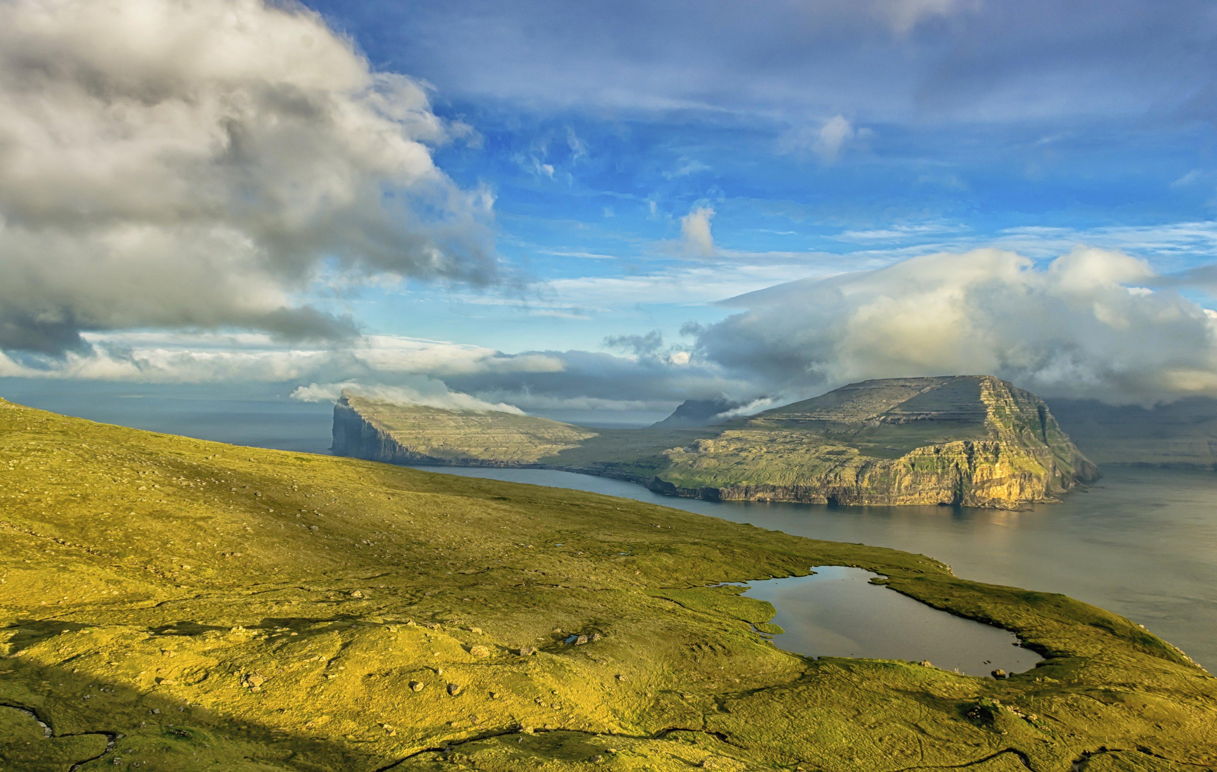 4000x2540 Scenery Denmark Coast Island Sky Clouds Klaksvik Faroe Islands Nature wallpaper wallpaperx2540