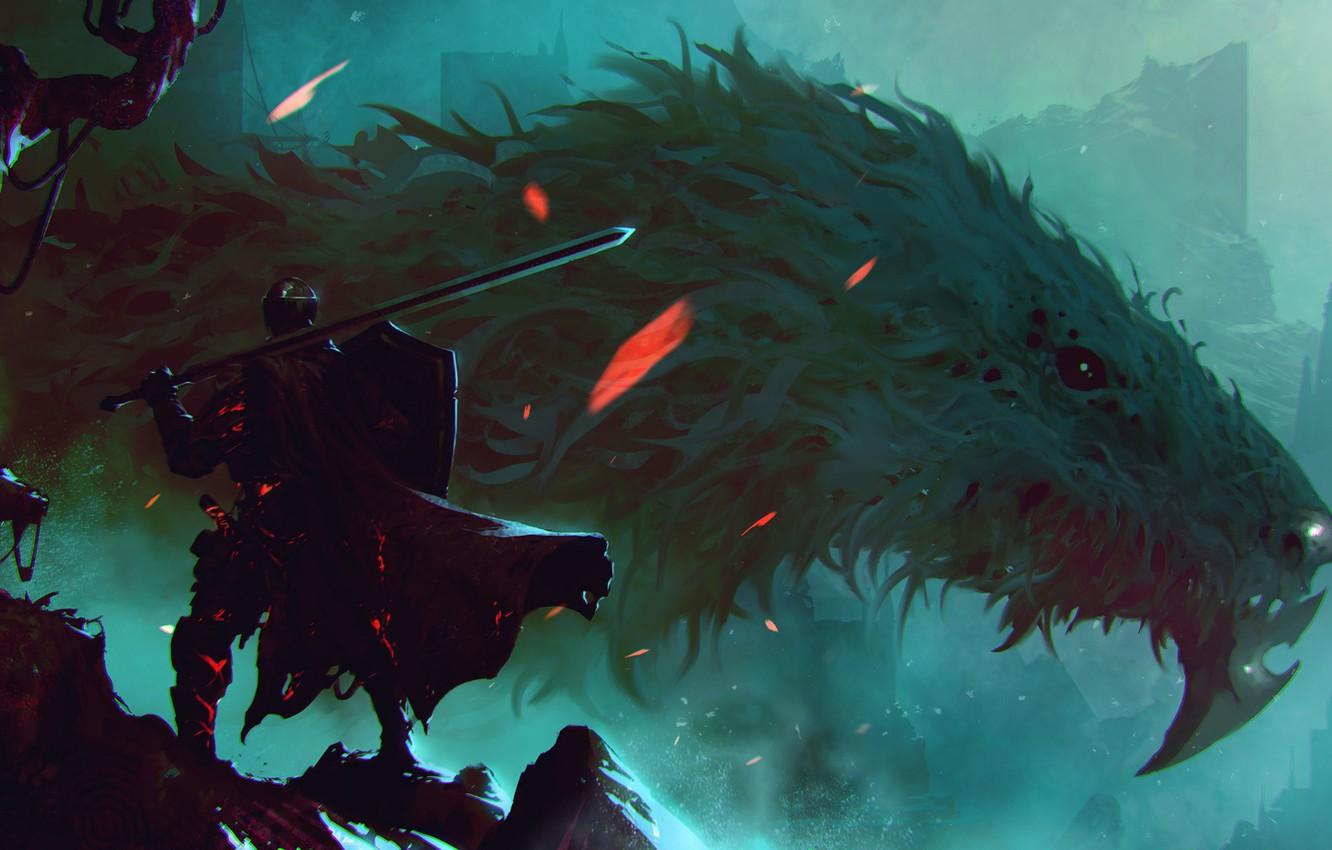 1332x850 Wallpaper Dragon, Monster, Armor, Sword, Warrior, Face, Fantasy, Dragon, Art, Fiction, Dark Souls, Sword, Dark Souls Omar Bronze, by Omer Tunc, Omer Then image for desktop, section фантастика