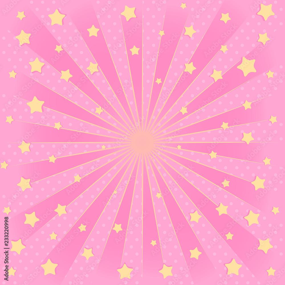 1000x1000 Pink background with sunbeams, flying star in air. Romantic elegante picture for invitation card ( birthday invitation, party, discount) Cute banner for LOL surprise, blank space in center for text Stock Vector