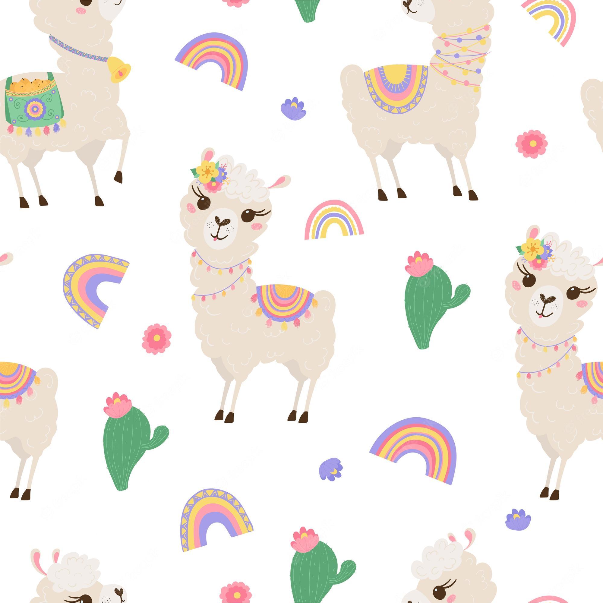 2000x2000 Premium Vector. Seamless pattern with cute llamas, rainbow and cacti. background with funny alpaca babies for textiles, children's clothing, wallpaper. vector illustration