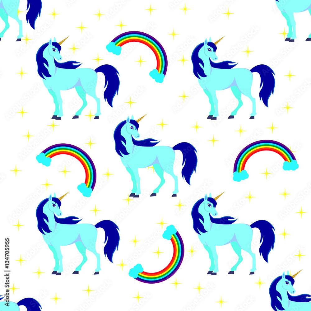 1000x1000 Seamless background of animal illustration with cute blue unicorn with stars, rainbow. Children's background, can be used as wallpaper or wrapping paper. Stock Vector