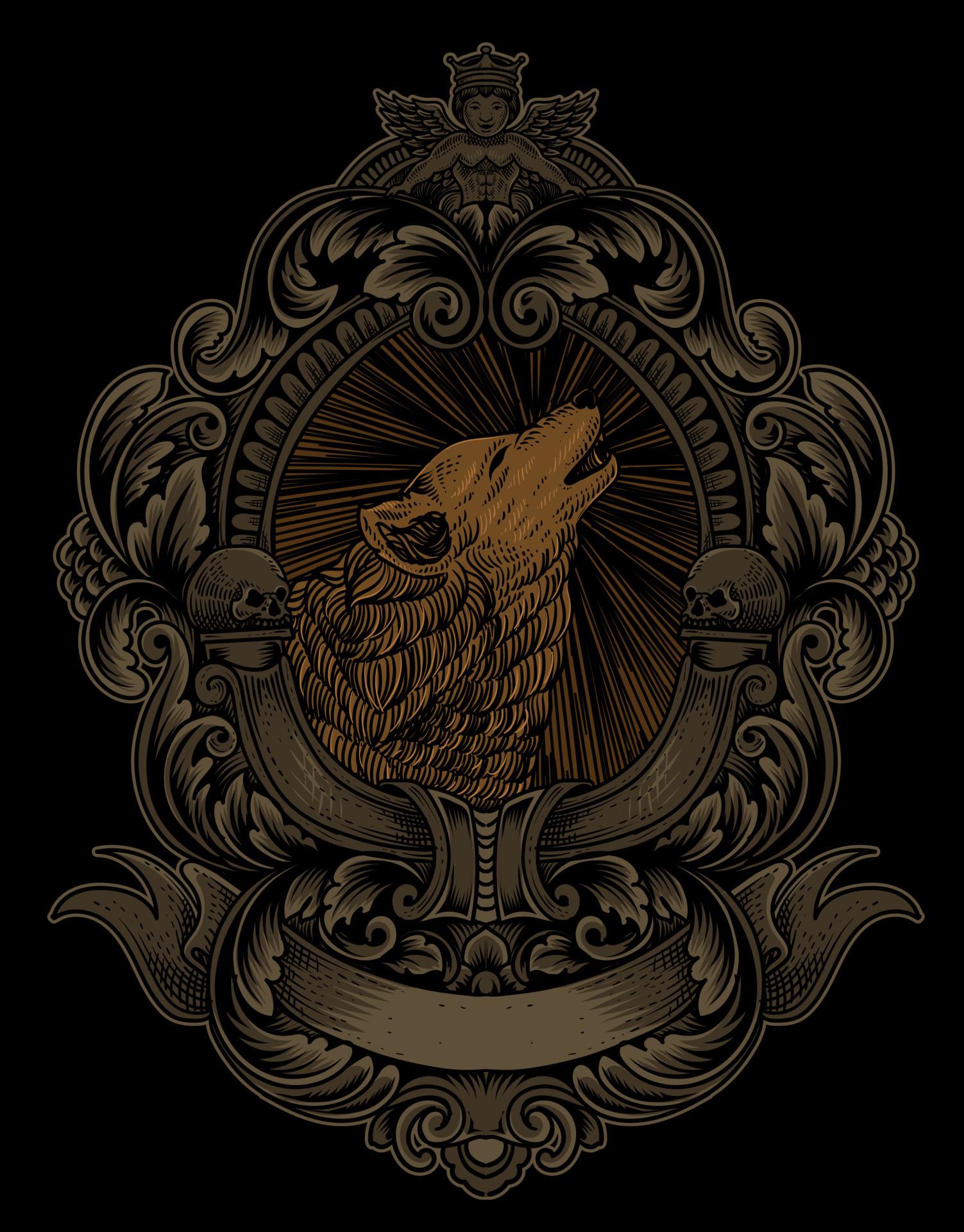 1503x1920 illustration vintage wolf with engraving style
