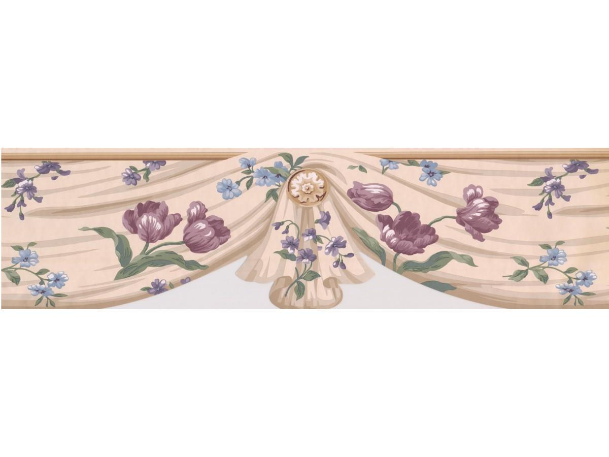Prepasted Wallpaper Border - Purple Blue Flowers On Vine Scalloped Floral Wall Border Retro Design, Roll 15 Ft. X 7 In