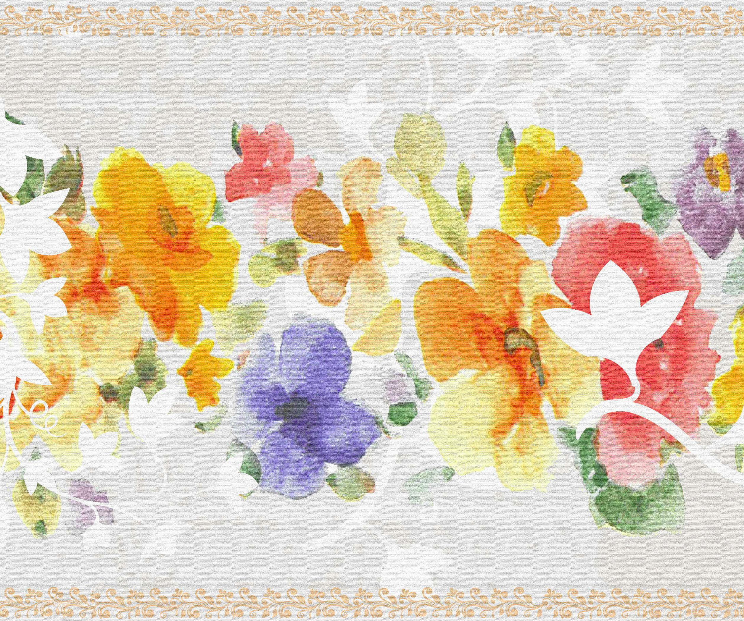 2514x2100 Dundee Deco Peel and Stick Self Adhesive Wallpaper Border Yellow, Blue on Grey Flowers on Vine, 15 ft x 7 in