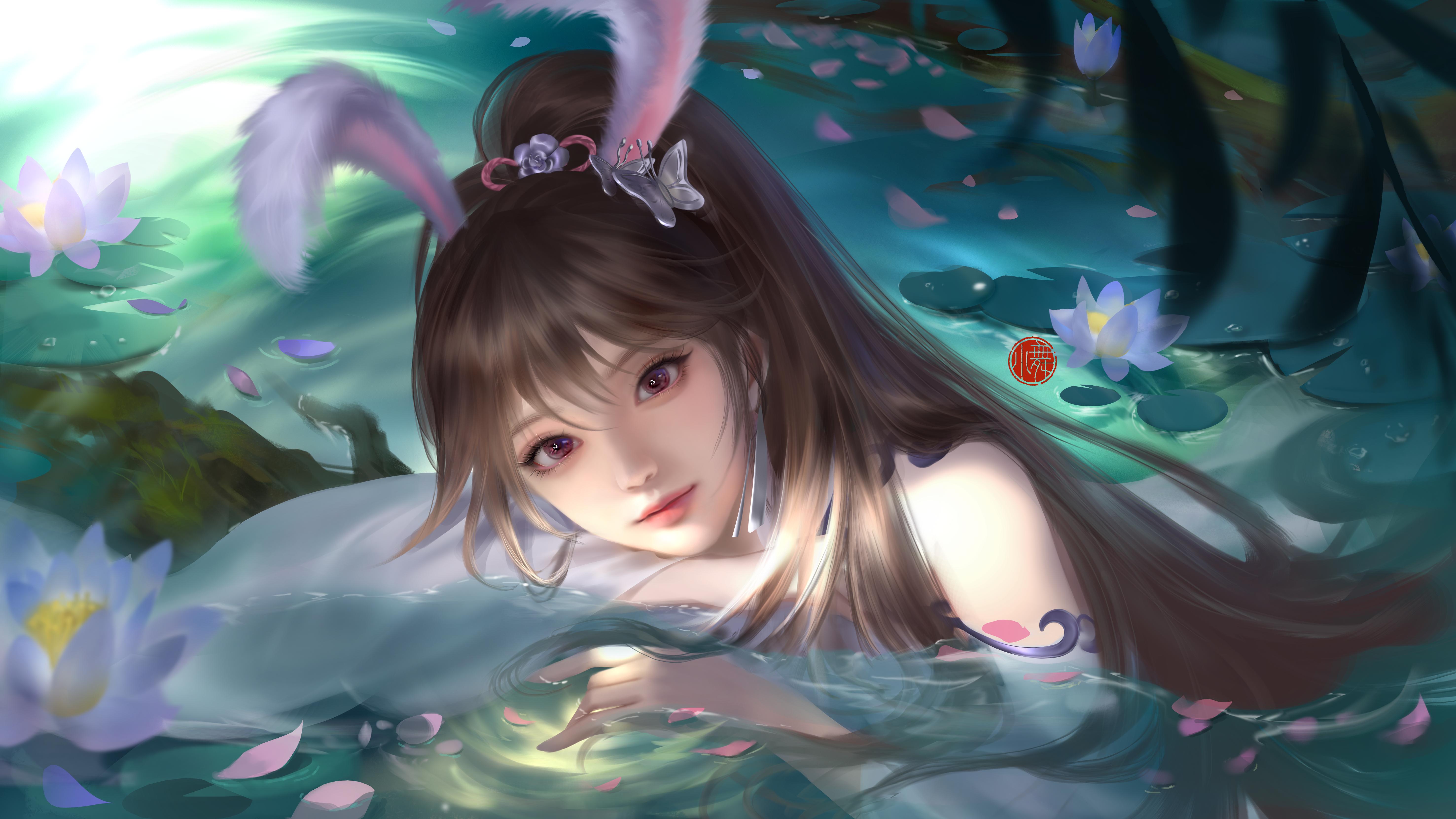 5906x3322 Anime Girls Animal Ears Bunny Ears Xiao Wu Water In Water Petals Eyebags Wallpaper:5906x3322