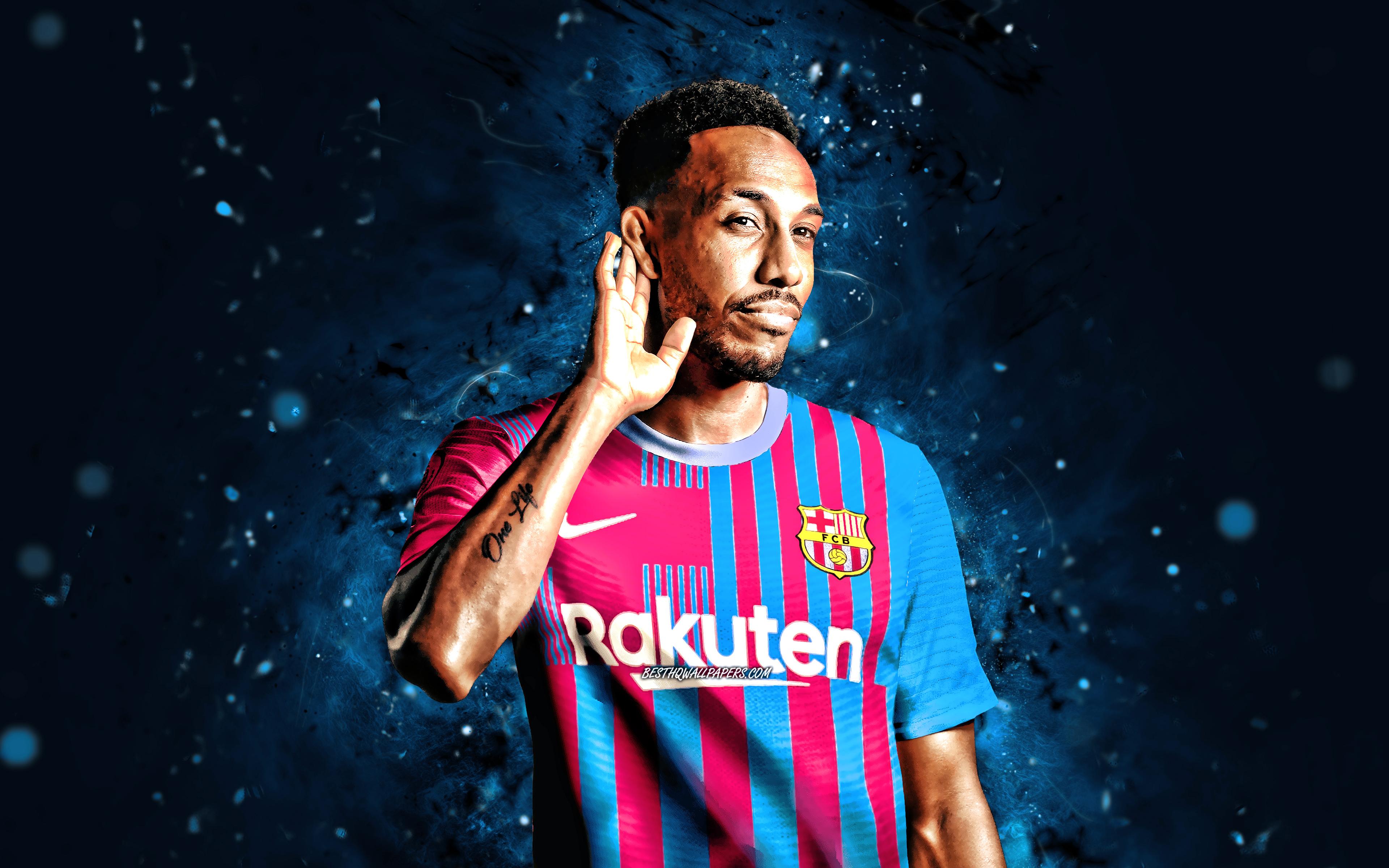3840x2400 Download Wallpaper Pierre Emerick Aubameyang, 4k, FC Barcelona, Gabonese Footballers, LaLiga, Barca, Barcelona FC, Football, Pierre Emerick Aubameyang 4K, Blue Neon Lights, Soccer, Pierre Emerick Aubameyang Barcelona, La Liga, FCB For Desktop