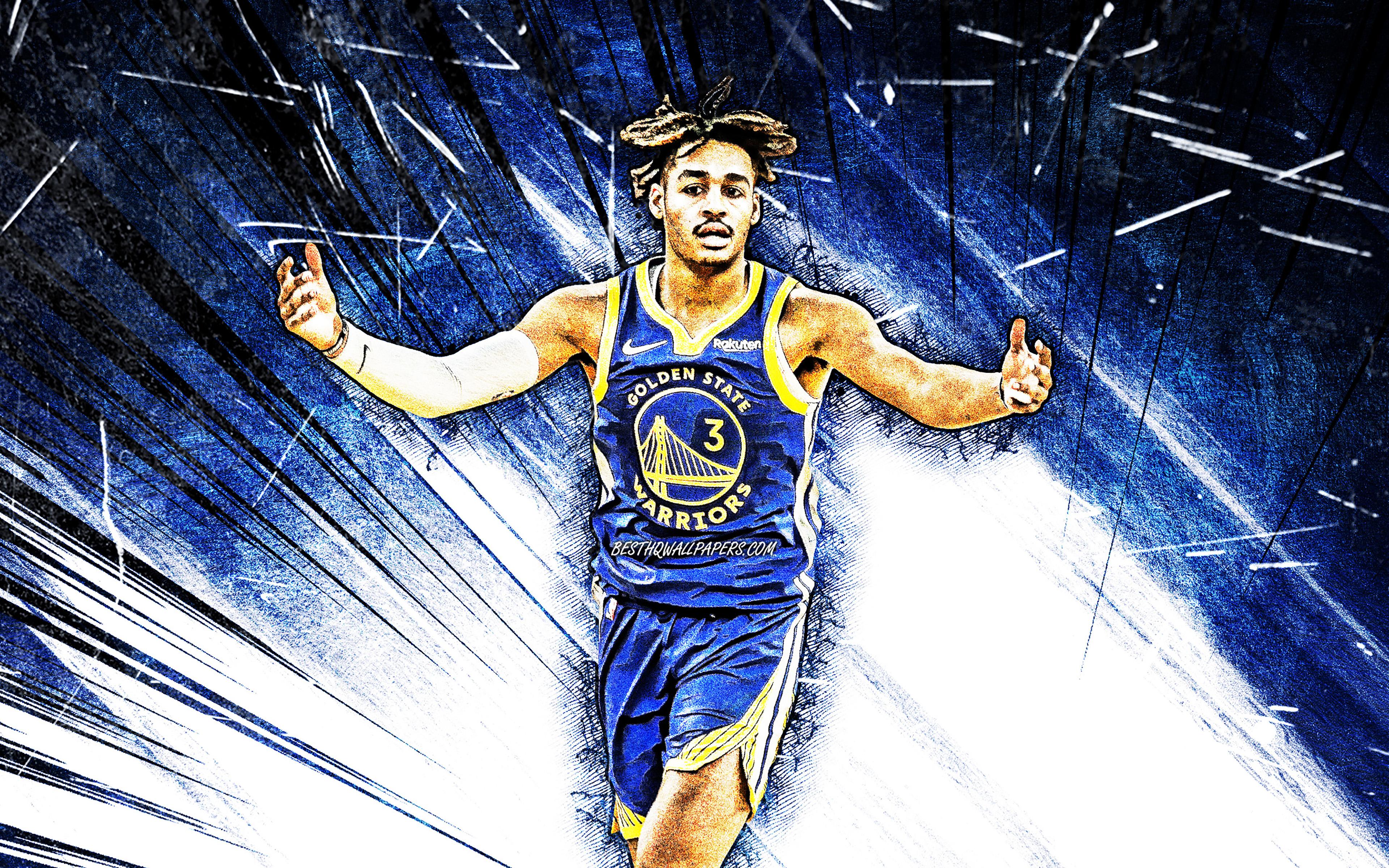 3840x2400 Download wallpaper 4k, Jordan Poole, grunge art, NBA, Golden State Warriors, basketball, Jordan Anthony Poole, creative, blue abstract rays, Jordan Poole Golden State Warriors, Jordan Poole 4K for desktop with resolution 3840x2400