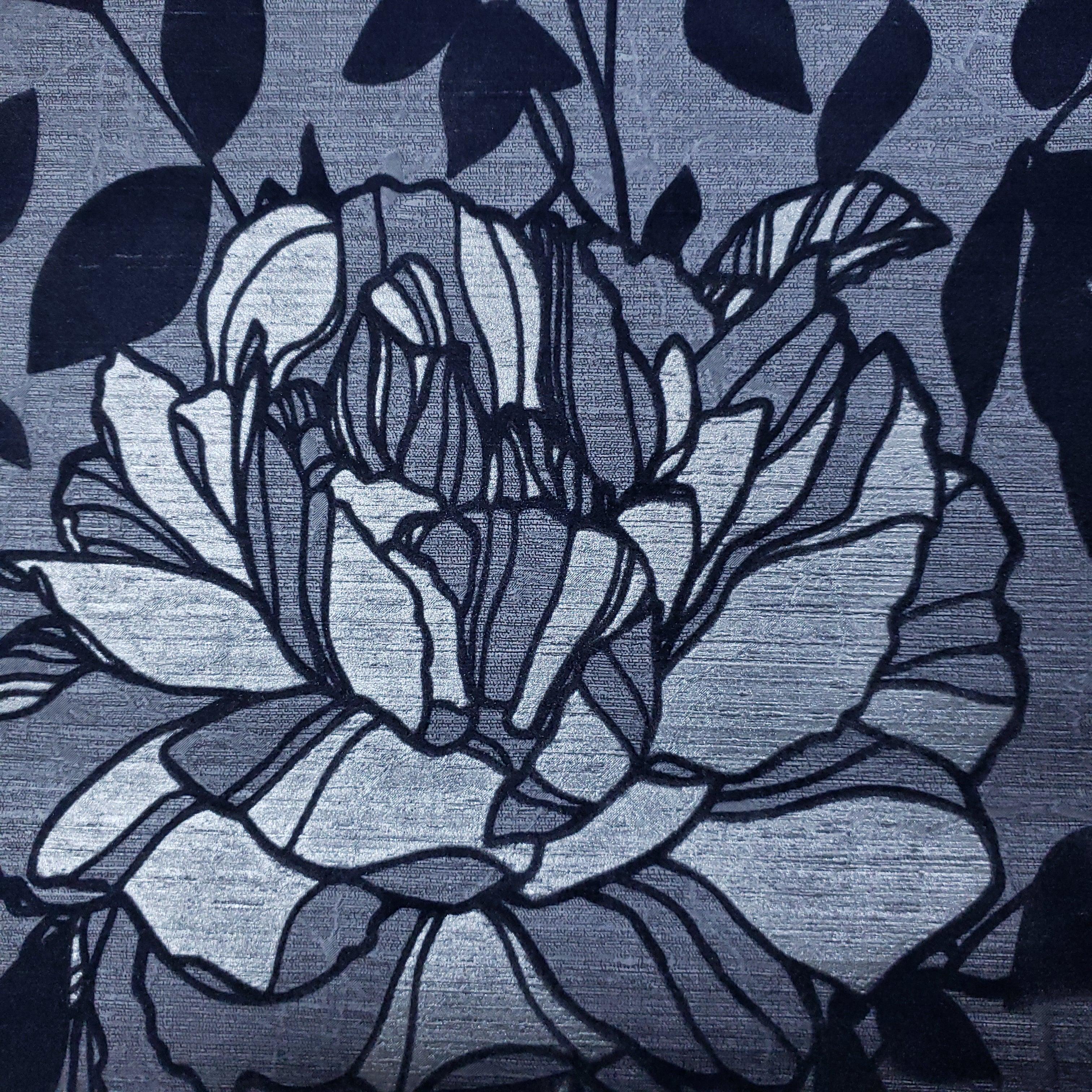 3024x3024 Navy Blue Grey Silver Metallic Textured Flock Floral Wallpaper
