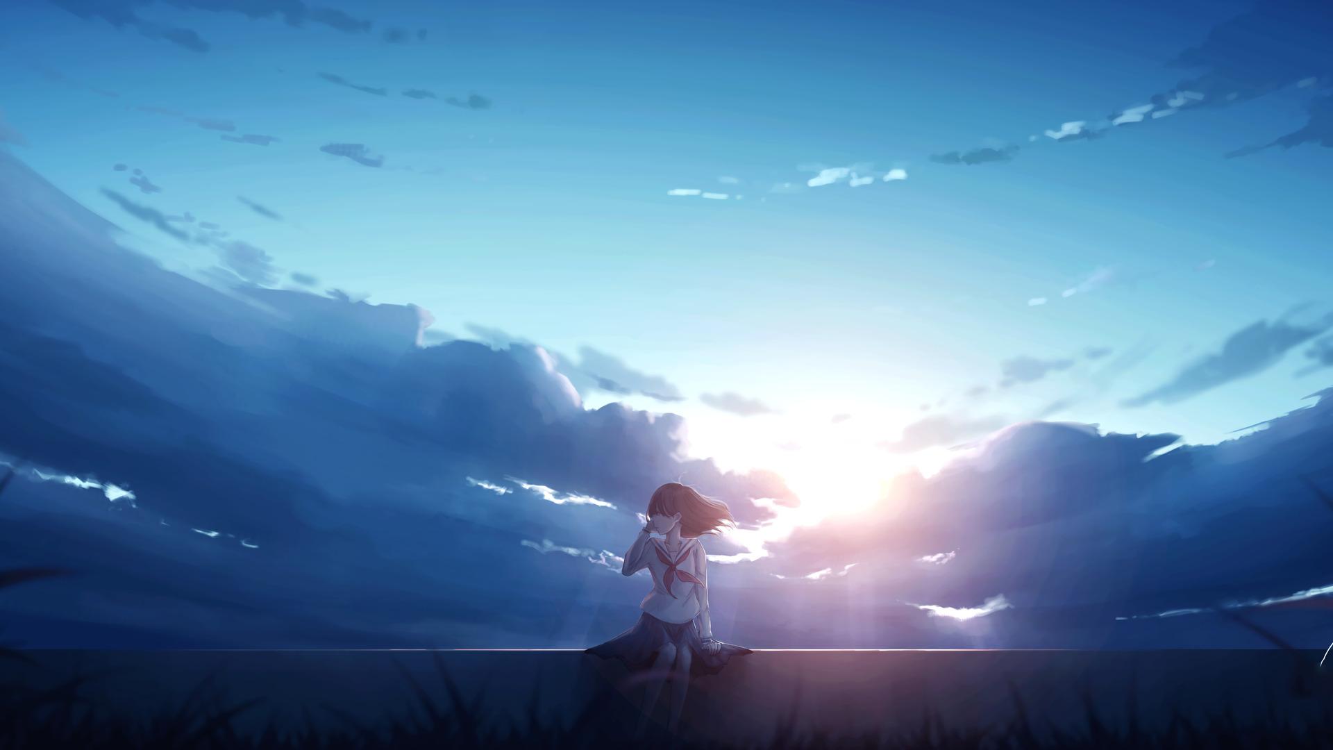 1920x1080 Anime Girl Alone Sitting Laptop Full HD 1080P HD 4k Wallpaper, Image, Background, Photo and Picture