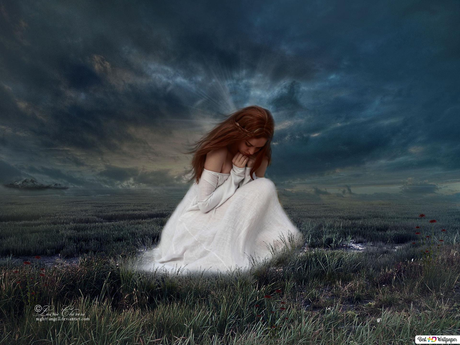 1920x1440 Lonely girl sitting in a field HD wallpaper download