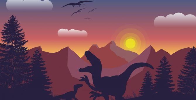 670x344 Dinosaur, mountains, digital art wallpaper, HD image, picture, background, de1075