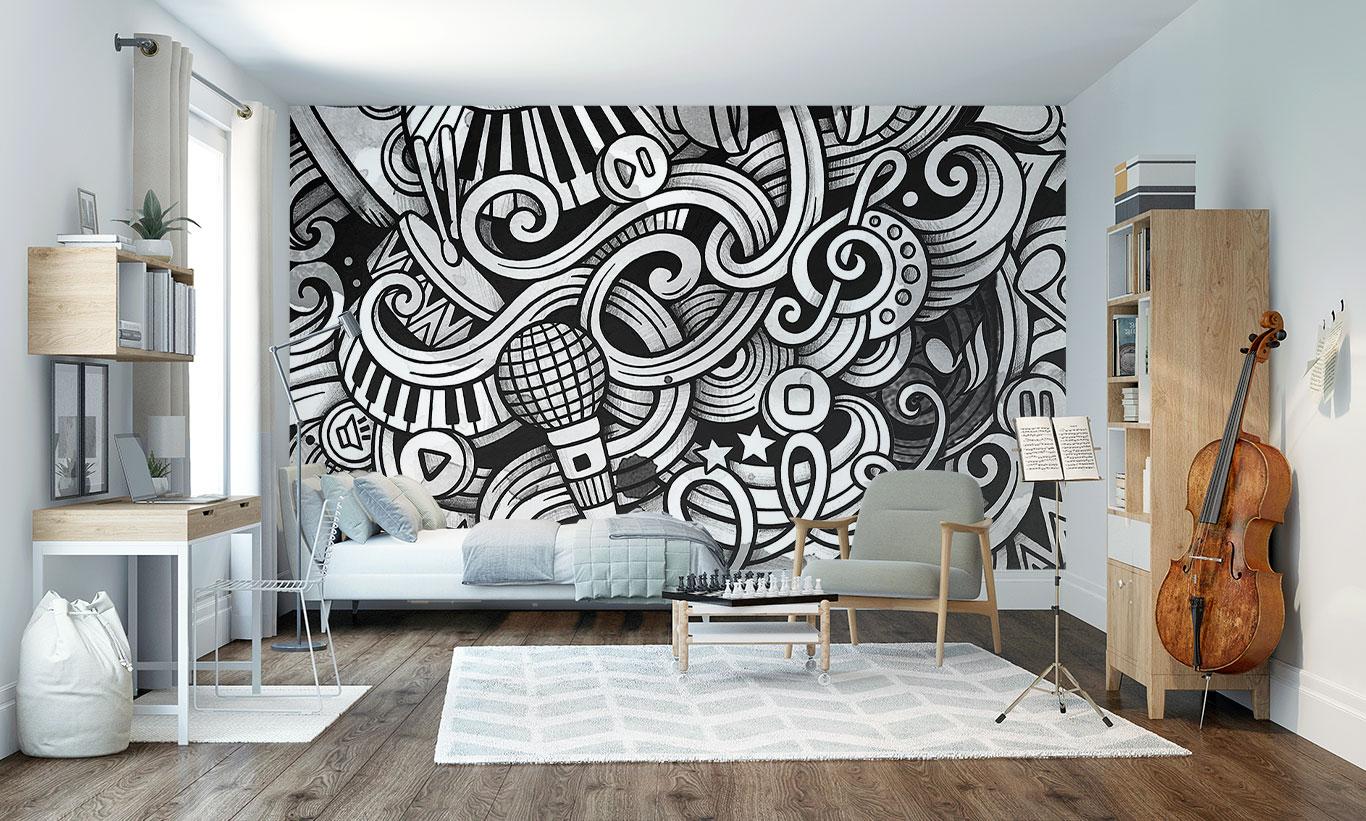 1366x821 Black And White Musical Graffiti Wall Mural
