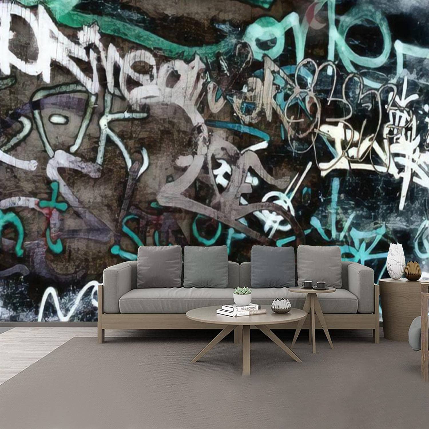 1500x1500 JWHFZMANPYK Black and White Graffiti on a Wall PVC Print Wallpaper Mural Peel and Stick Wall Decals Sticker Self Adhesive Poster Home Decor for Bedroom Living Room Multicolor 100*144 inch