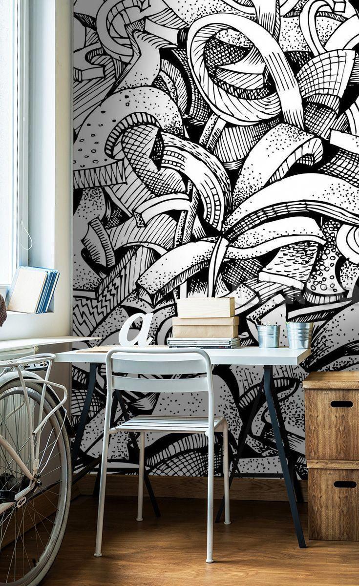 735x1200 Black and white graffiti wallpaper is a great alternative for any teenage bedroom. Spruce up. Wall murals bedroom, Diy wall decor for bedroom, Wall decor bedroom