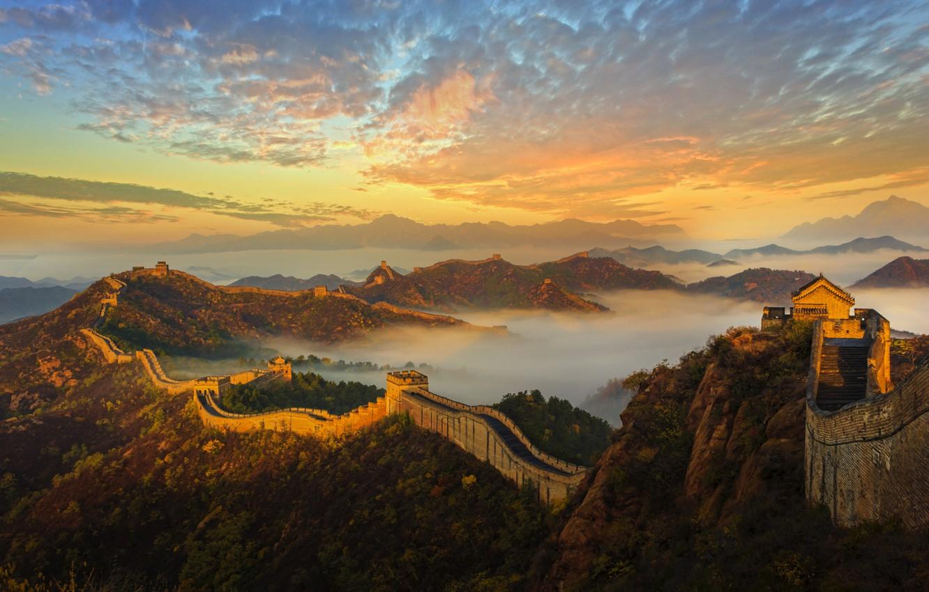 1332x850 Wallpaper mountains, wall, dawn, China, architecture, history, The great wall of China image for desktop, section пейзажи