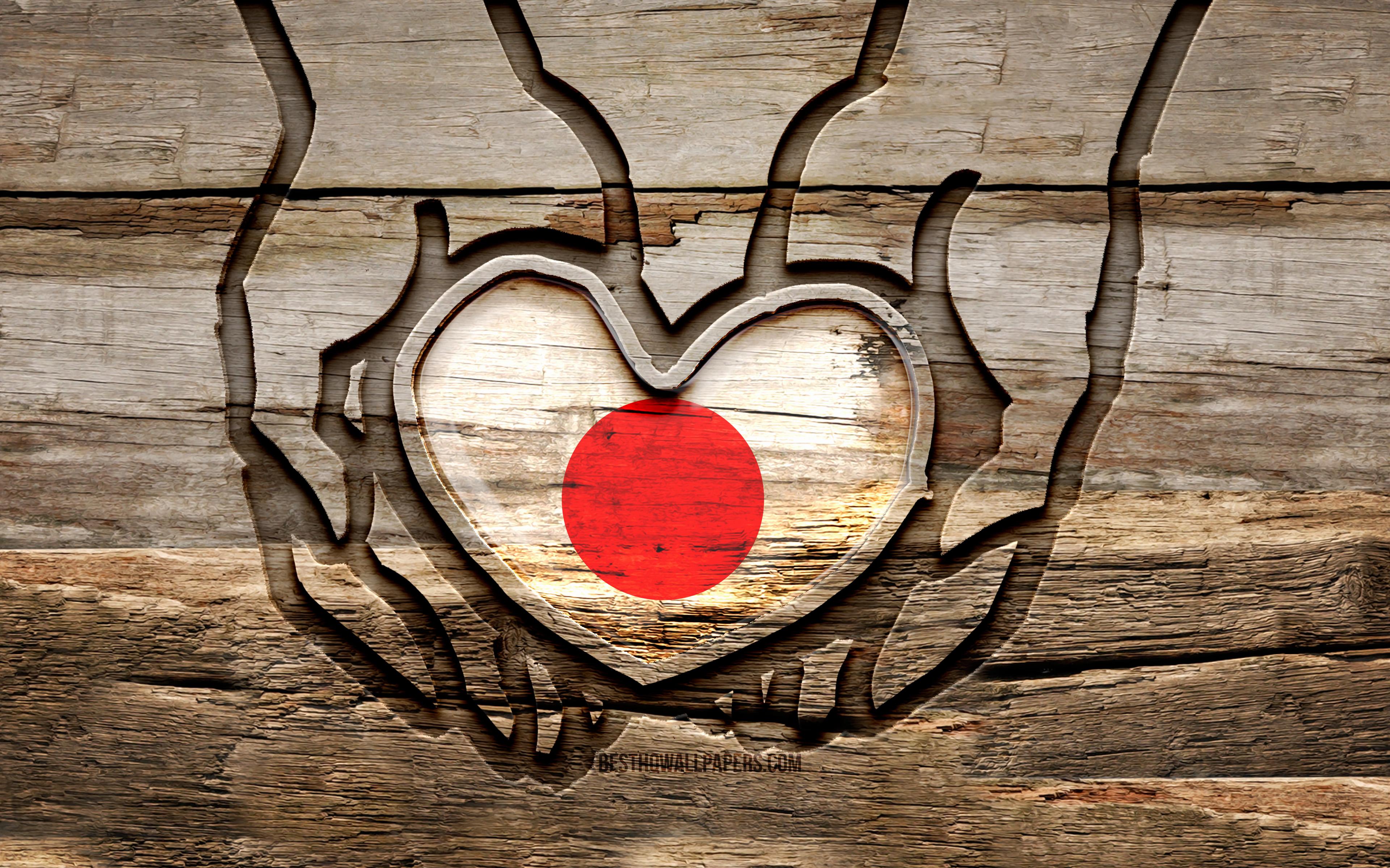 3840x2400 Download wallpaper I love Japan, 4K, wooden carving hands, Day of Japan, Japanese flag, Flag of Japan, Take care Japan, creative, Japan flag, Japan flag in hand, wood carving, Asian countries, Japan