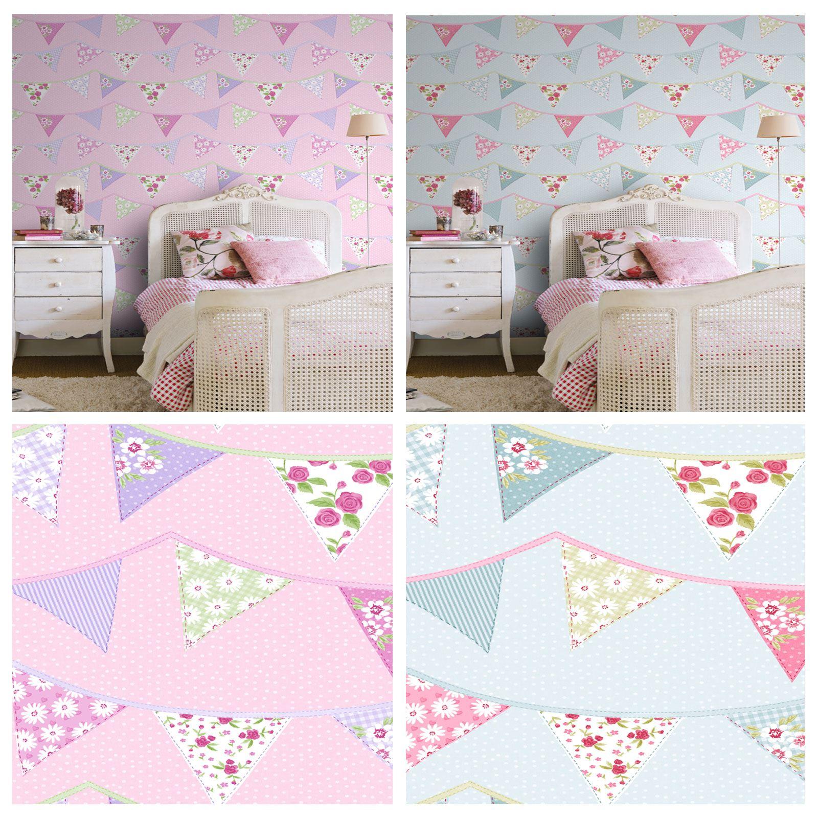 1600x1600 BUNTING WALLPAPER BLUE PINK PASTEL FLORAL DESIGN WASHABLE GIRLS