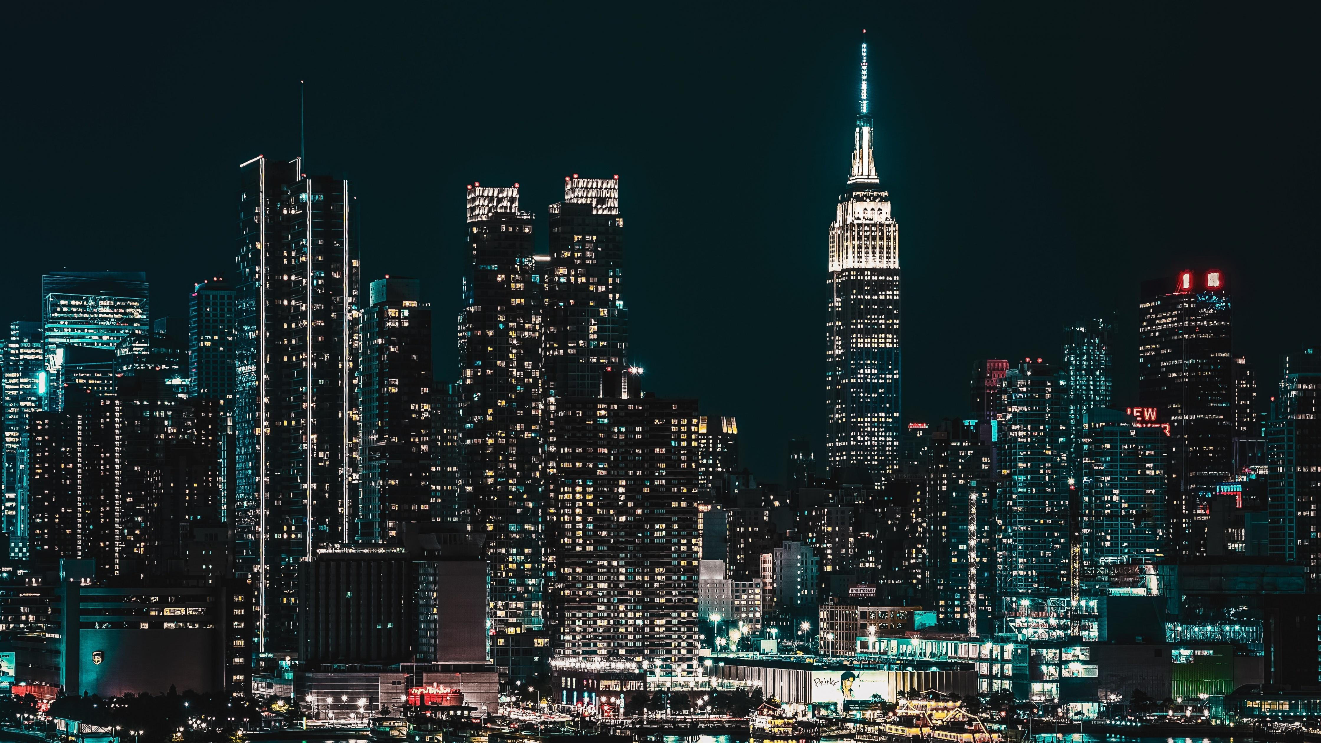 4480x2520 New York City Wallpaper 4K, Cityscape, Night, City lights, Half moon, World