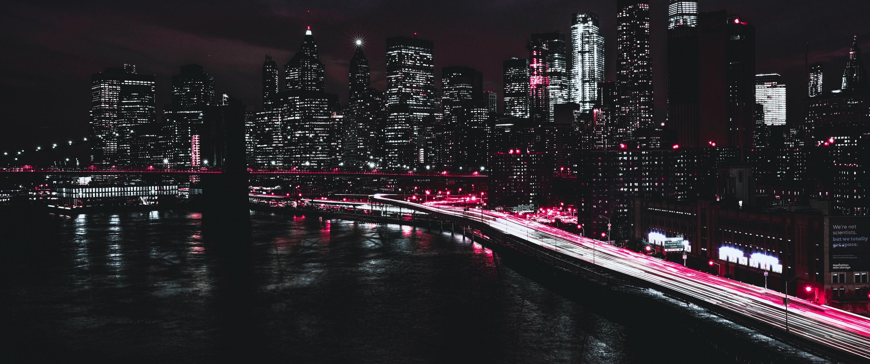 3440x1440 New York City Wallpaper 4K, Manhattan, Traffic lights, Light trails, Night, World