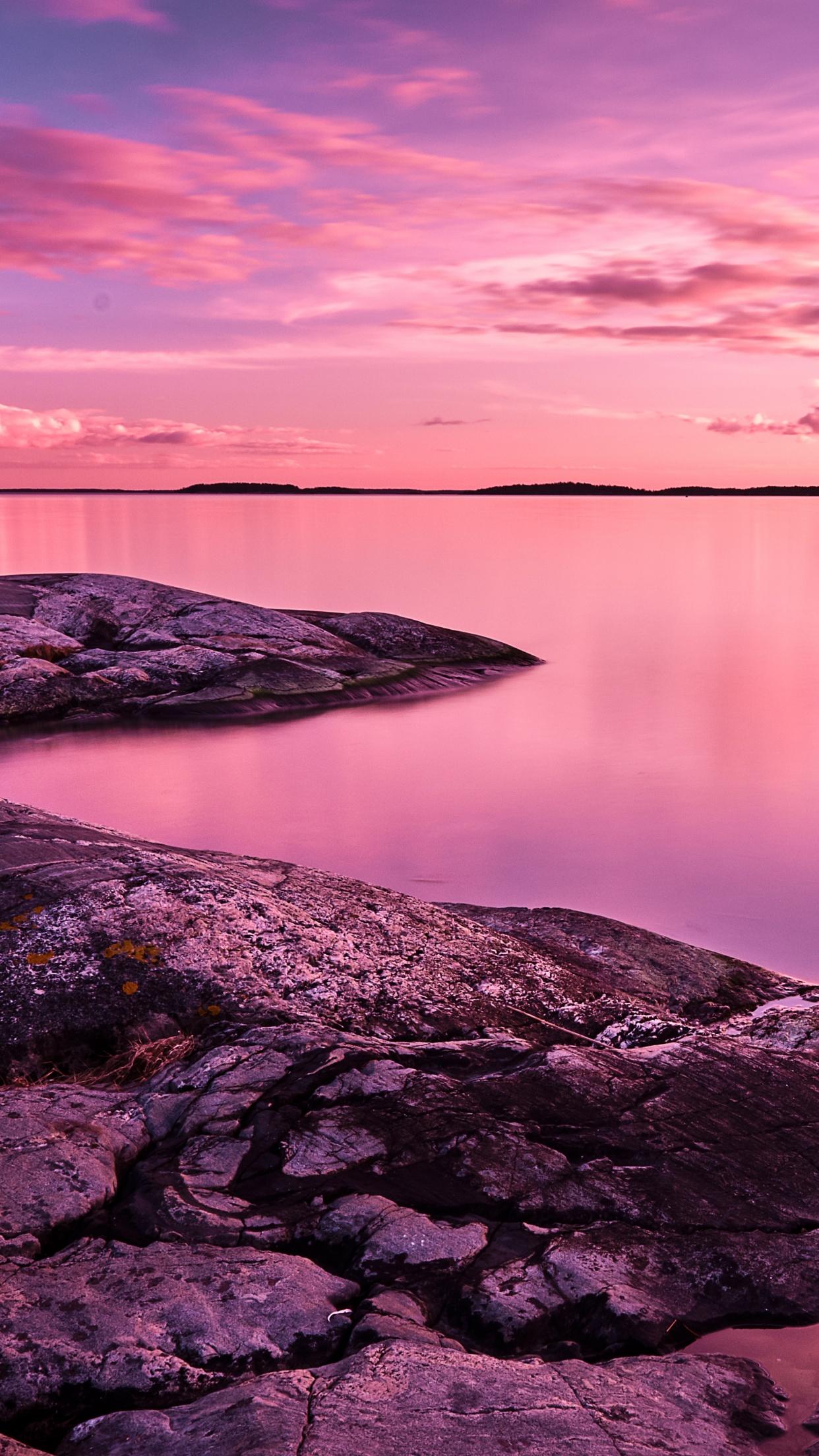 1242x2208 Sunset Wallpaper 4K, Scenery, Lake, Rocks, Pink sky, 8K, Nature