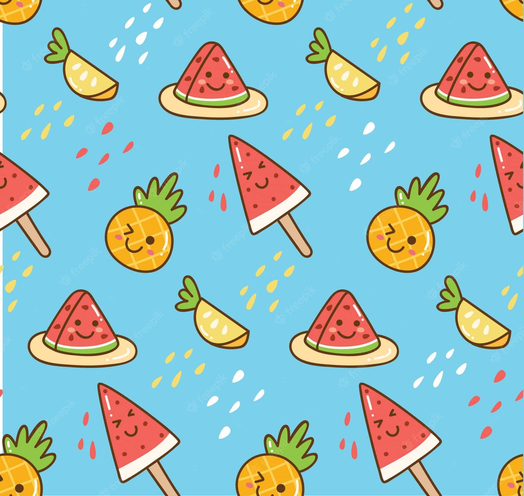 2000x1896 Premium Vector. Kawaii summer background with watermelon and pineapple