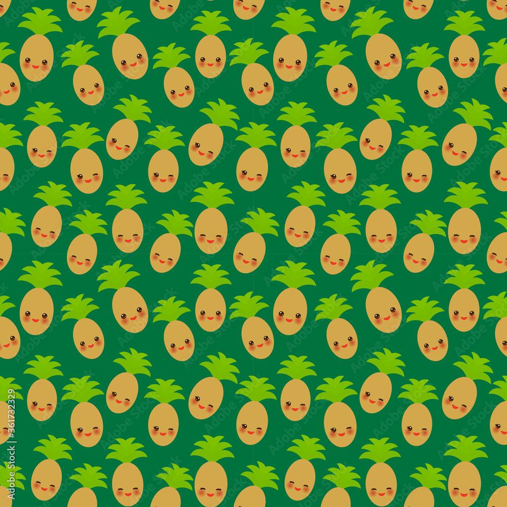 1000x1000 Seamless pattern with cute Kawaii pineapple with wink eyes and pink cheeks, on dark green background trend of the season. Can be used for Gift wrap fabrics, wallpaper, food packaging. Vector Stock