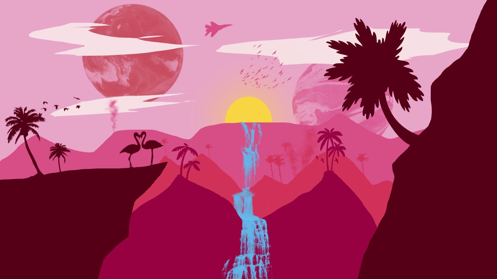 1920x1080 pink, #palm trees, #waterfall, #flamingos, #digital art, #Photoshop