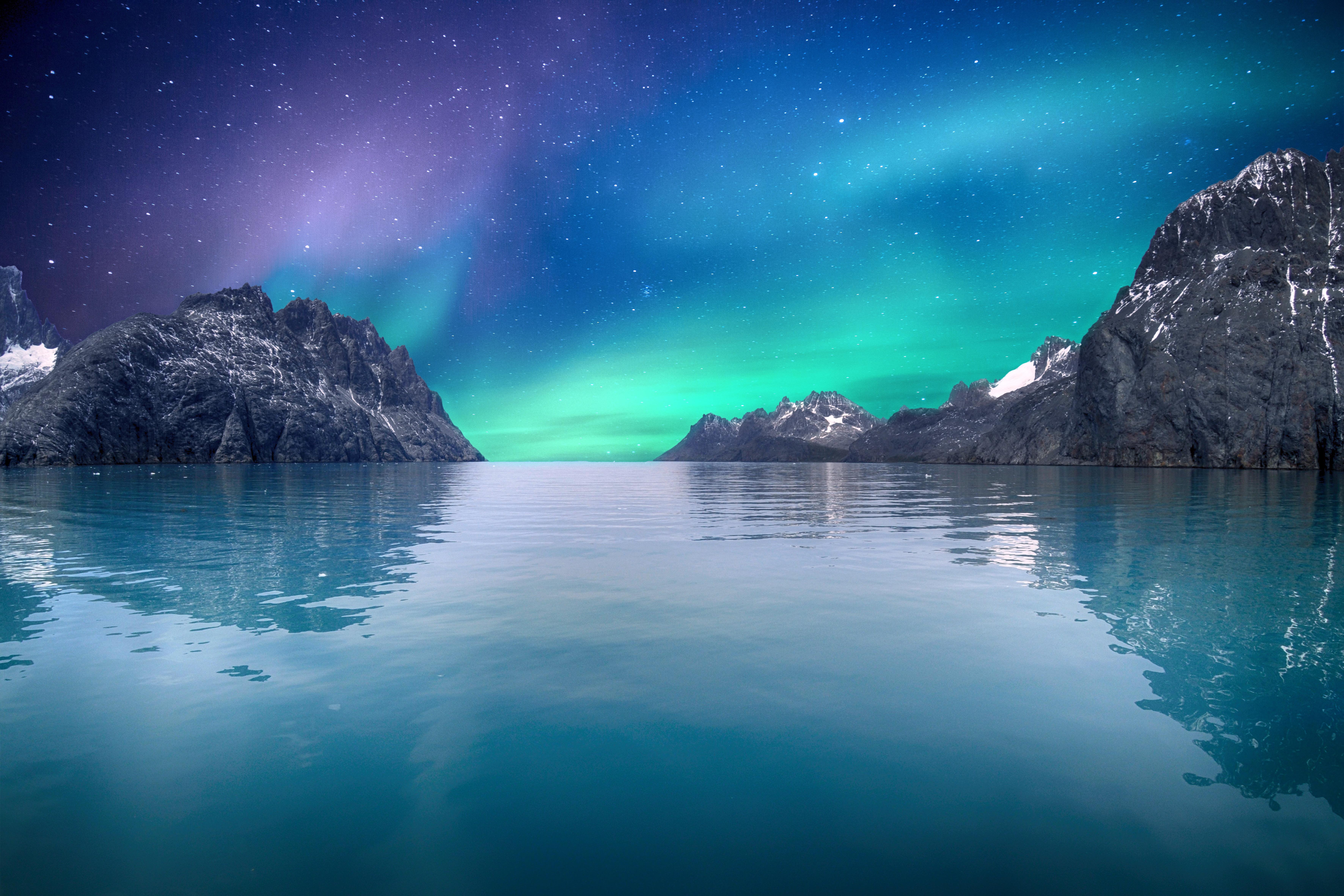 7087x4724 Northern Lights Wallpaper 4K, Sea, Blue Sky, Stars, Reflection, Mountains, Nature
