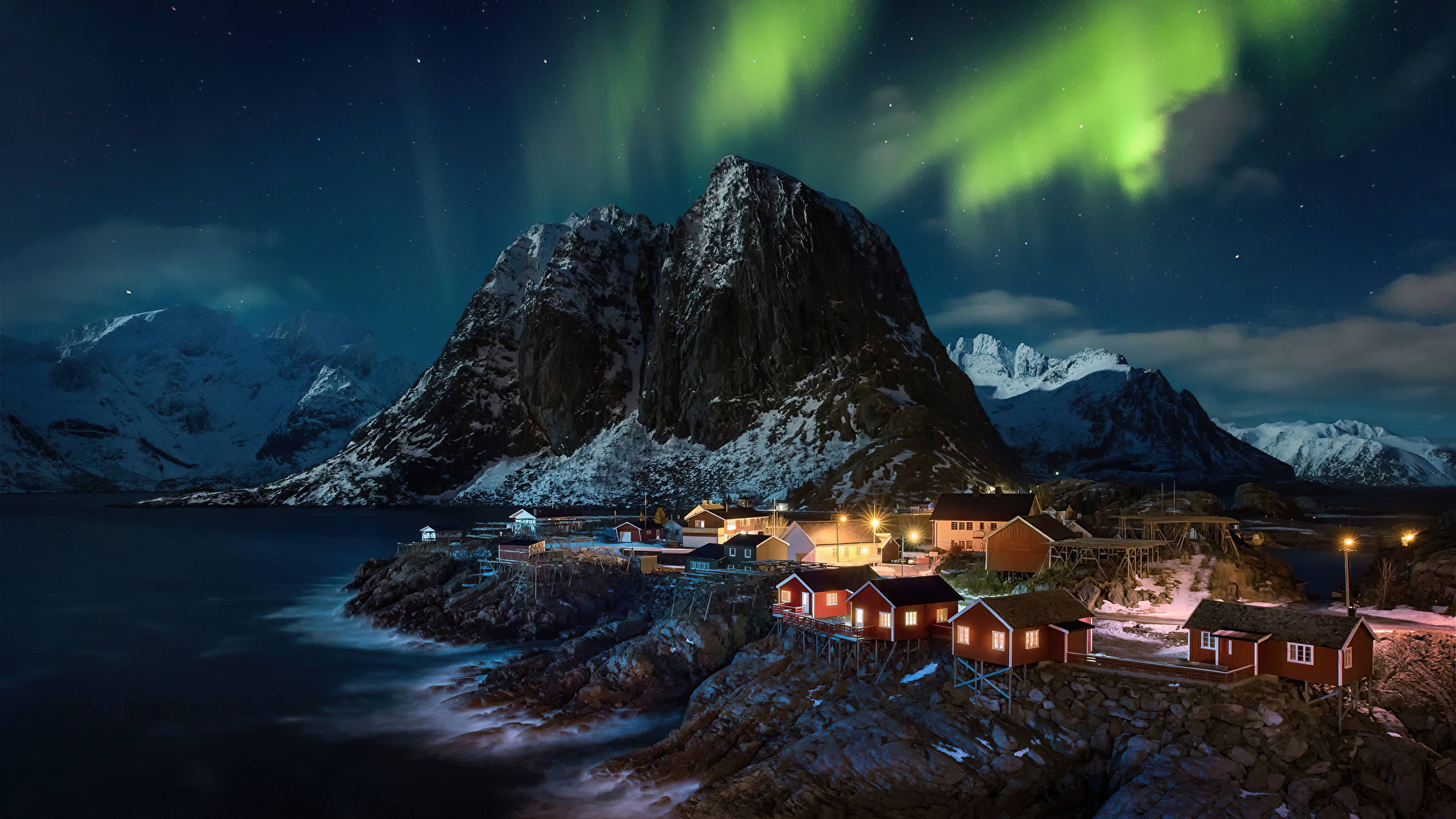 3840x2160 Lofoten Norway Village Aurora Northern Lights 4k, HD Nature, 4k Wallpaper, Image, Background, Photo and Picture