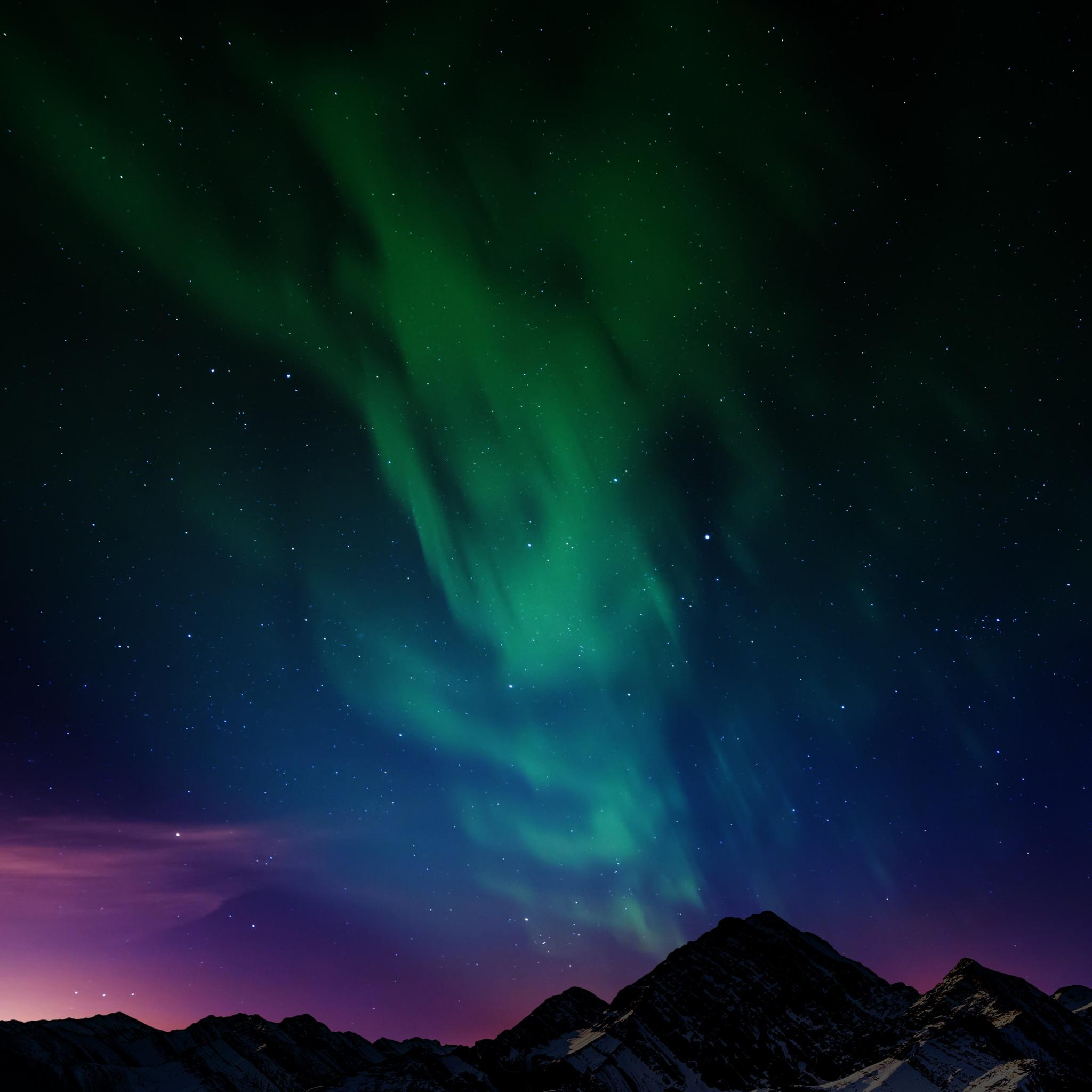 2048x2048 Aurora Borealis Wallpaper 4K, Northern Lights, Mountain range, Night time, Nature