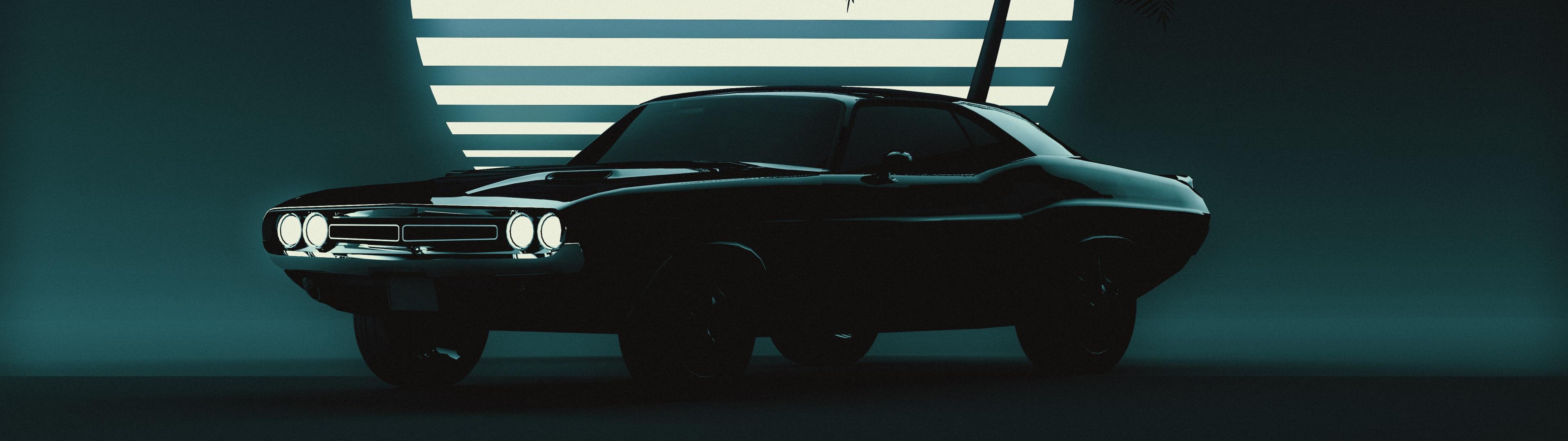 3840x1080 Muscle car Wallpaper 4K, Retro, Vintage car, Sunset, Neon, 5K, Cars