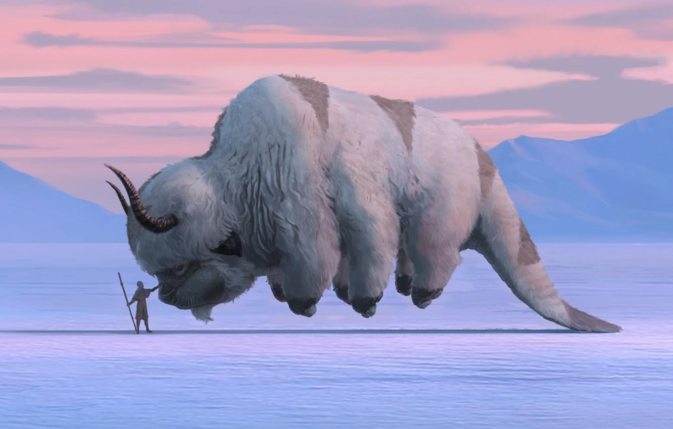1332x850 Wallpaper fantasy, Avatar, horns, winter, snow, artwork, fantasy art, creature, Avatar: The Last Airbender, Aang, TV series, bison, Appa image for desktop, section прочее