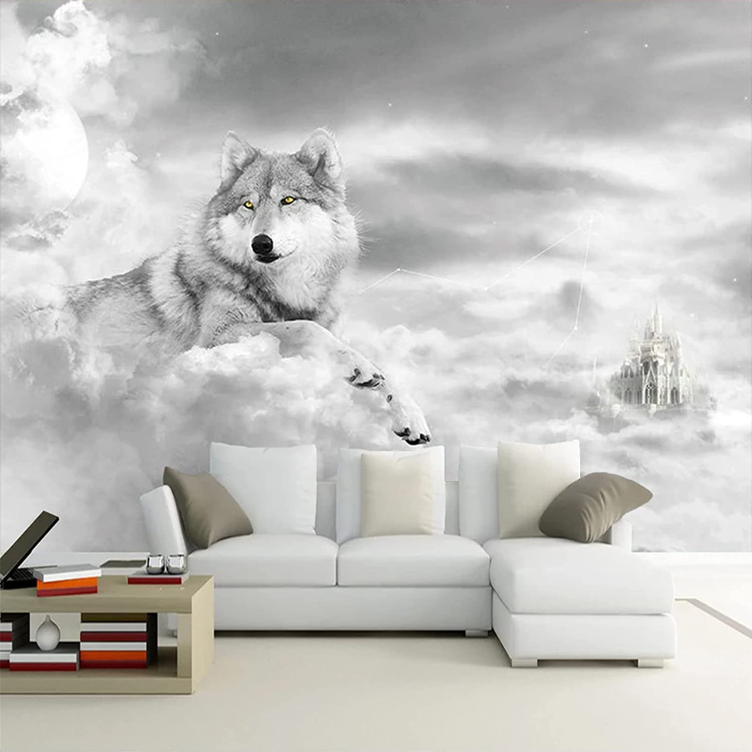 1500x1500 Modern Art Moon White Clouds Wolf Wallpaper 3D Wall Murals, Castle Photo Wallpaper Mural Decor Paintings, Suitable for Living Room and Bedroom TV Background Wall, 137.8W x100 H : Tools & Home