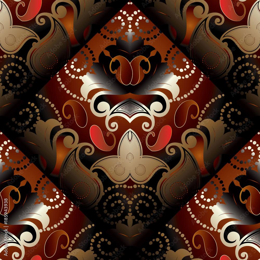 1000x1000 Paisleys seamless pattern. Vector dark red floral background. Luxury 3D wallpaper. Oriental golden paisley flowers, dots, swirl line art tracery ornaments. Surface beautiful design for walls, fabric Stock Vector