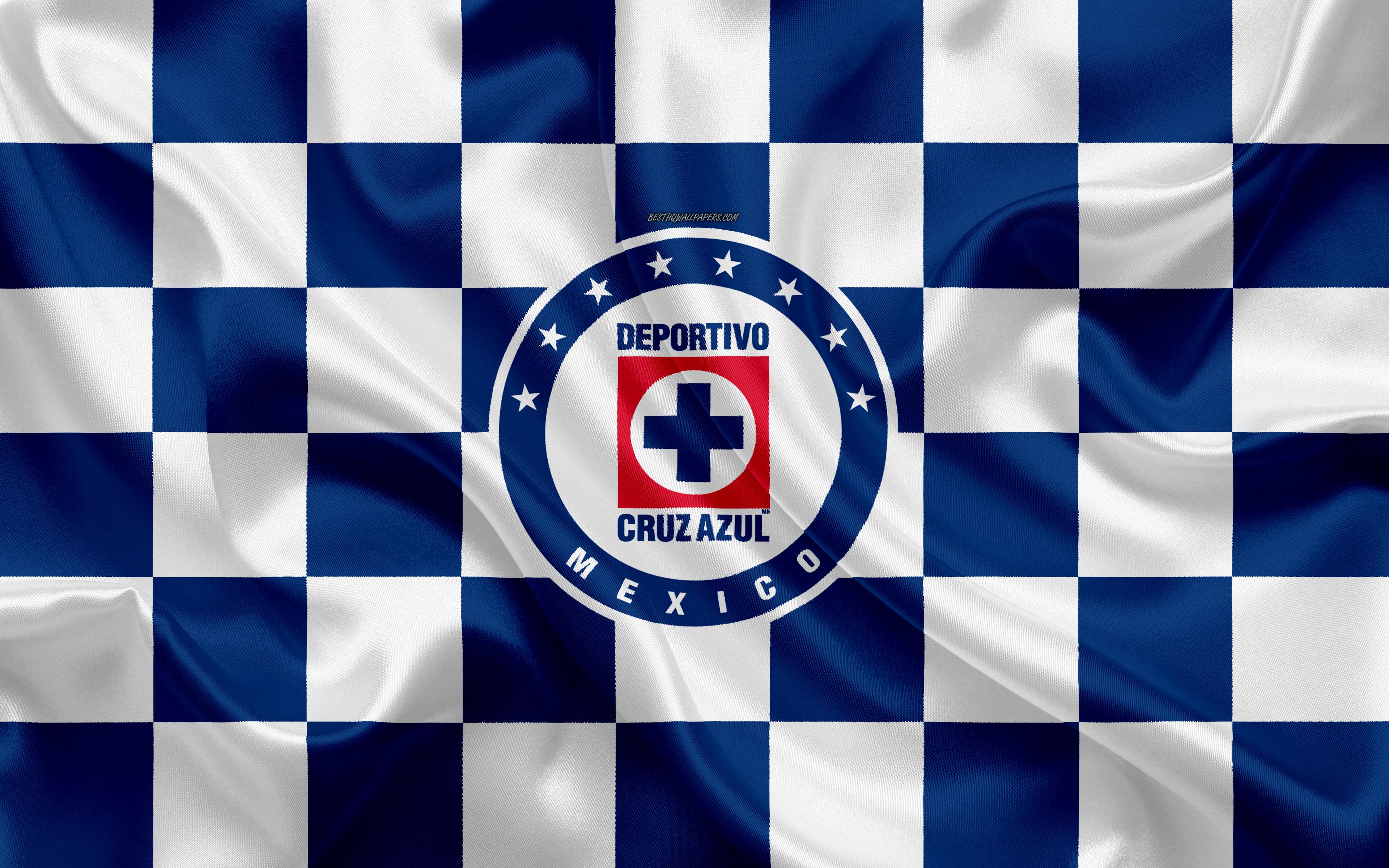 3840x2400 Download wallpaper CD Cruz Azul, 4k, logo, creative art, white blue checkered flag, Mexican Football club, Primera Division, Liga MX, emblem, silk texture, Mexico City, Mexico, football, Cruz Azul FC for desktop