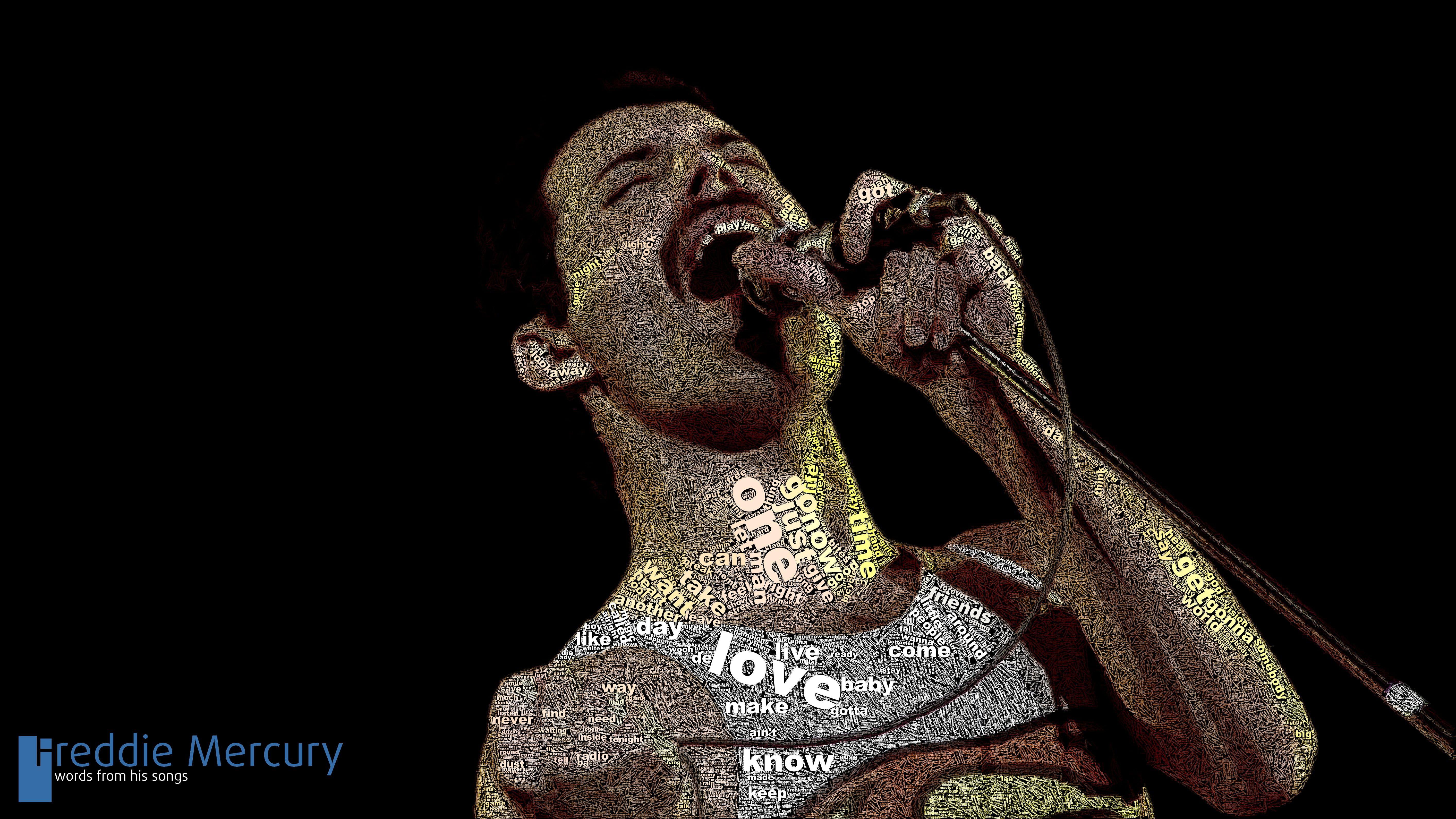 5653x3180 HD wallpaper: Freddie Mercury mosaic, group, words, singer, queen, studio shot