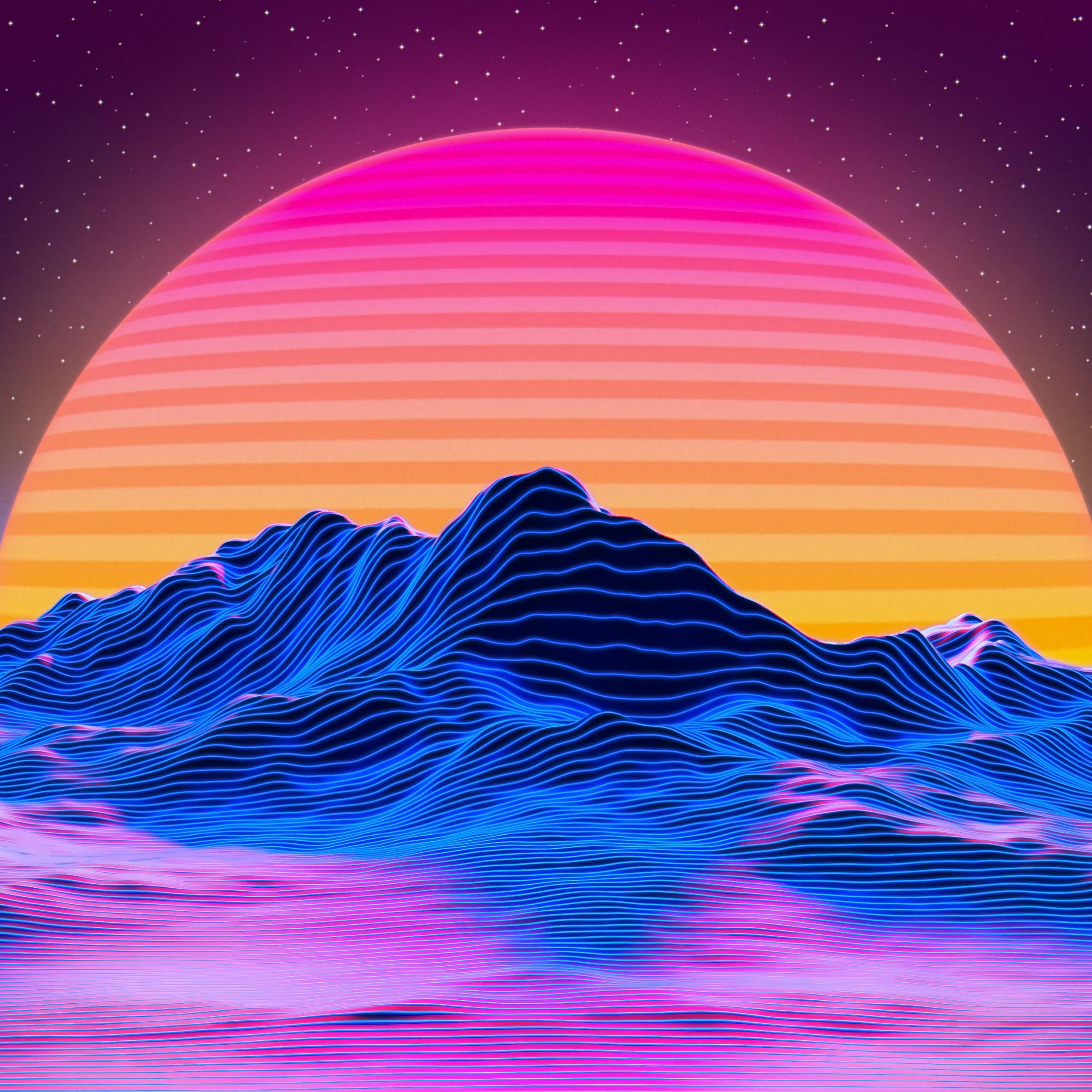 2560x2560 Mountains Wallpaper 4K, RetroWave art, Landscape, Neon, 5K, Nature