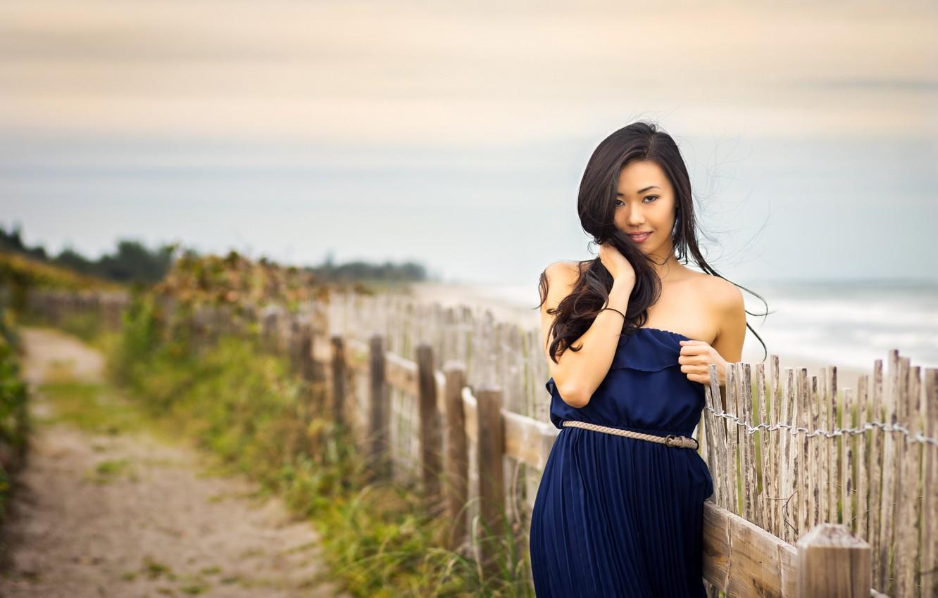 1332x850 Wallpaper road, beach, girl, the fence, dress, girl, Asian, beach, photographer, model, asian, blue dress, Betty, Christopher Rankin, blue dress image for desktop, section девушки