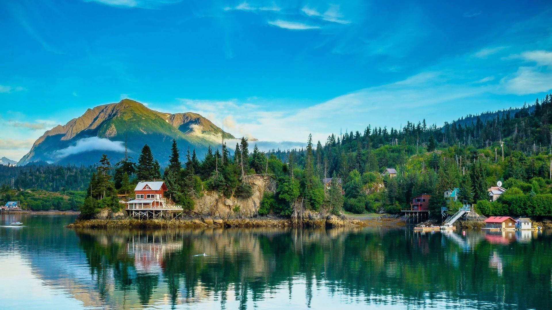 1920x1080 Rivers Scenery Houses Mountains Forests Sky Alaska