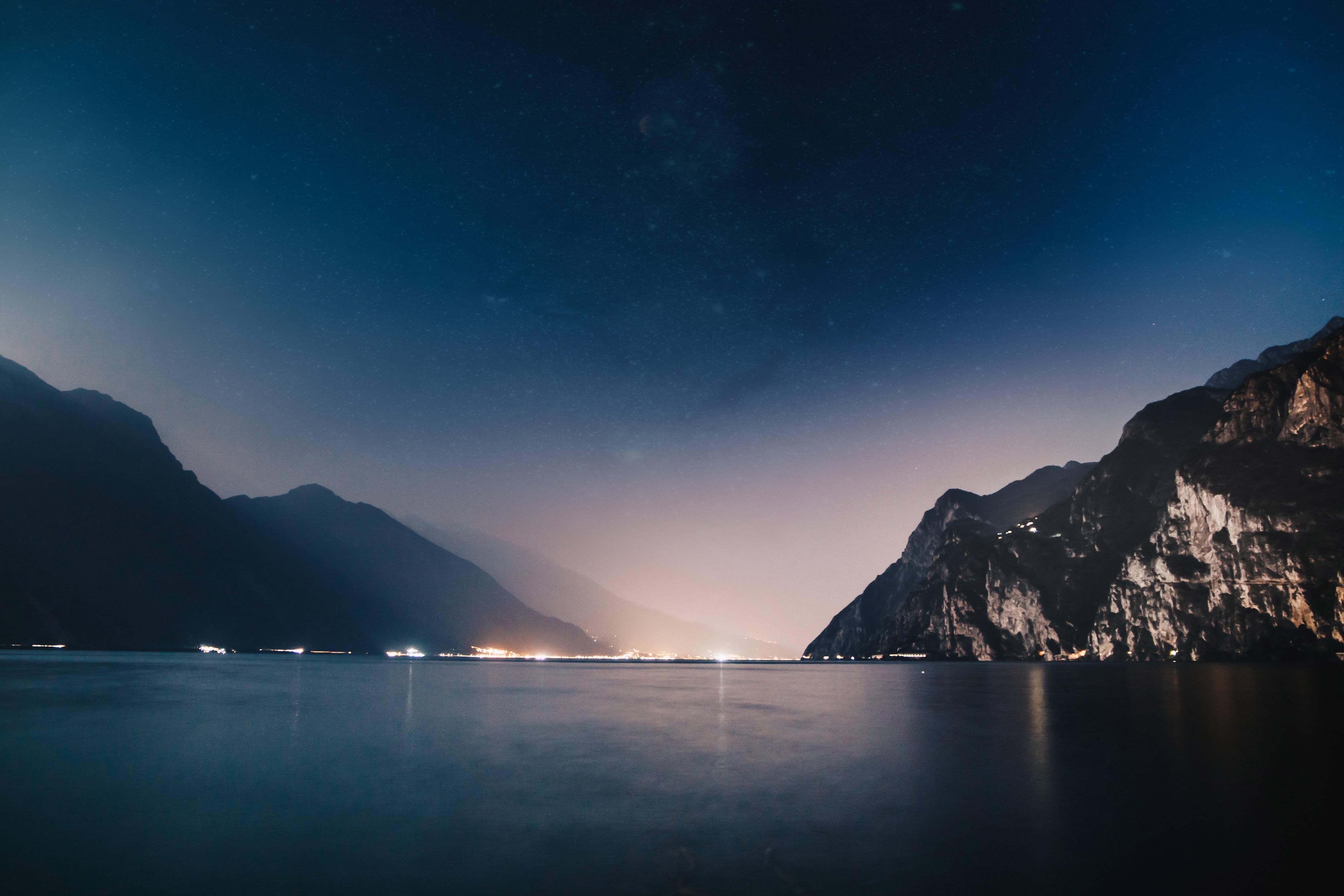 4742x3162 Mountains Night Sea 4k 5k, HD Nature, 4k Wallpaper, Image, Background, Photo and Picture