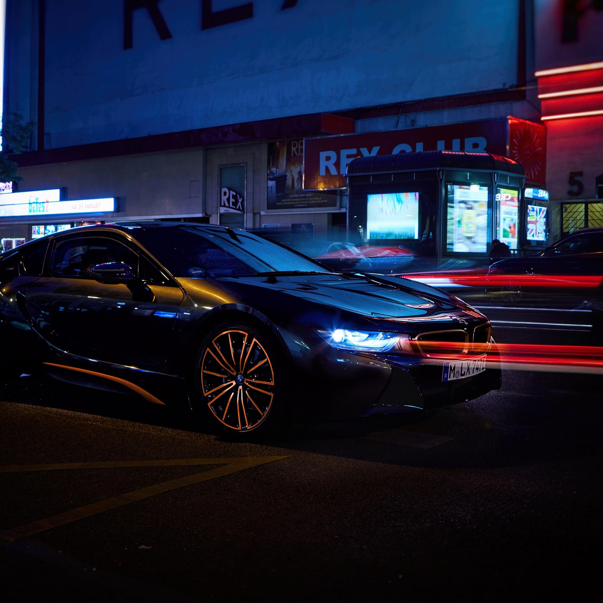 2048x2048 BMW I8 Ultimate Sophisto Edition Wallpaper 4K, Night, Urban, 5K, Black Dark