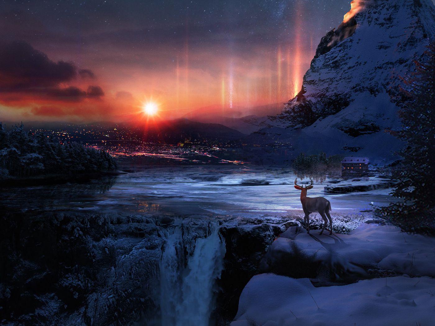 1400x1050 Download wallpaper 1400x1050 deer, winter, night, art, snow standard 4:3 HD background