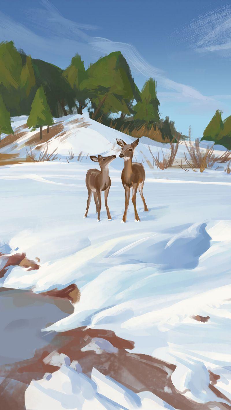 800x1420 Download Wallpaper 800x1420 Deer, Shore, Snow, Winter, Wildlife, Art Iphone Se 5s 5c 5 For Parallax HD Background