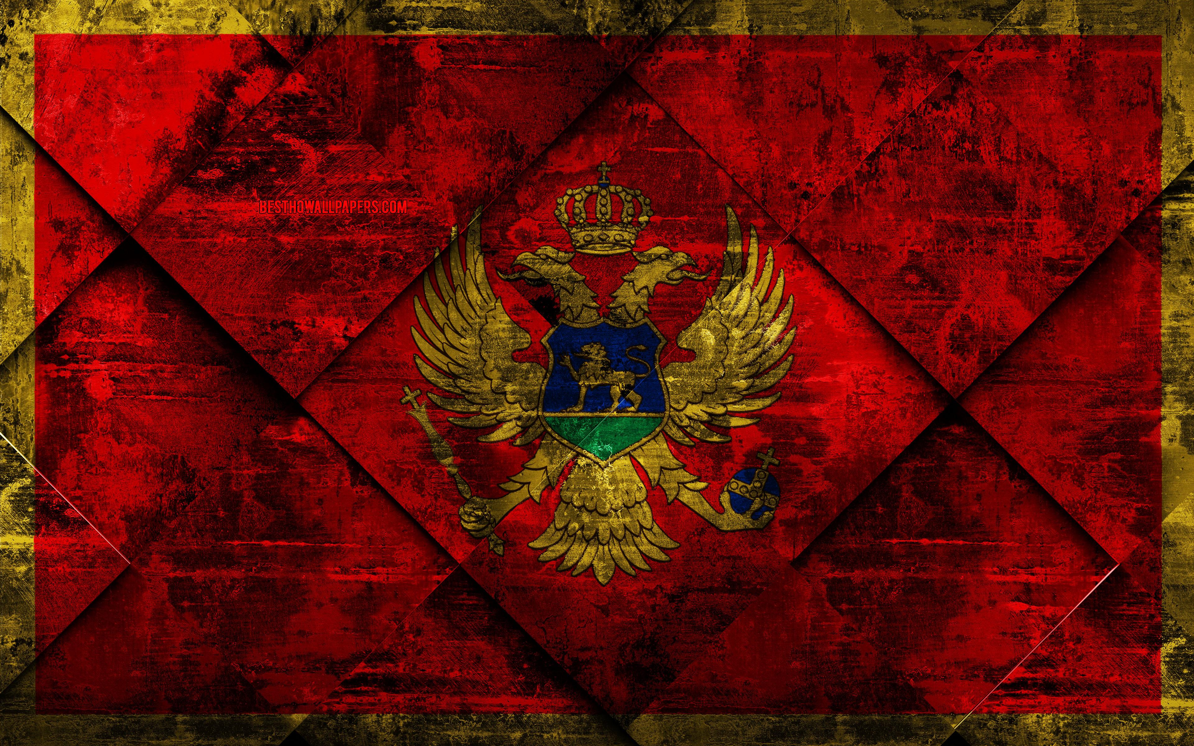 3840x2400 Download wallpaper Flag of Montenegro, 4k, grunge art, rhombus grunge texture, Montenegro flag, Europe, national symbols, Montenegro, creative art for desktop with resolution 3840x2400. High Quality HD picture wallpaper