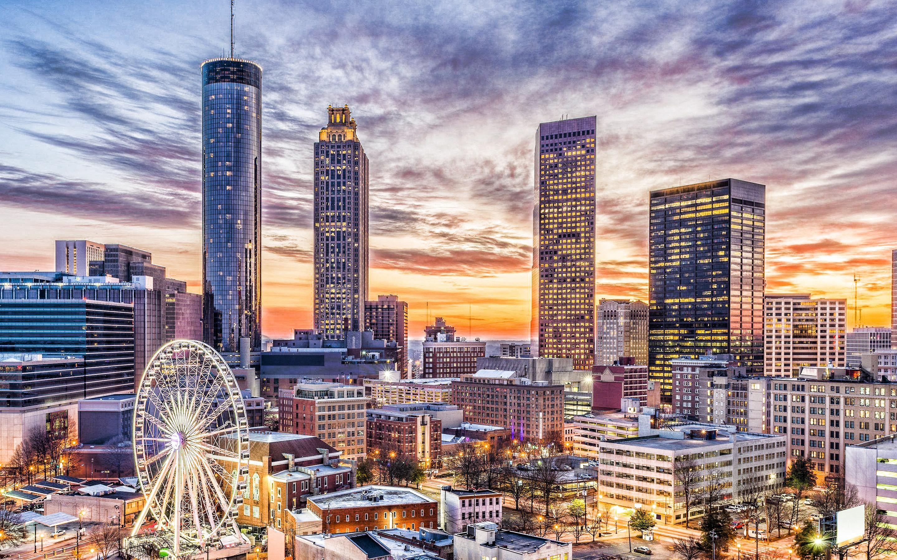 2880x1800 Download wallpaper Atlanta, skyscrapers, Westin Peachtree Plaza Hotel, evening, sunset, modern buildings, Atlanta skyline, Atlanta cityscape, Georgia, USA for desktop with resolution 2880x1800. High Quality HD picture wallpaper