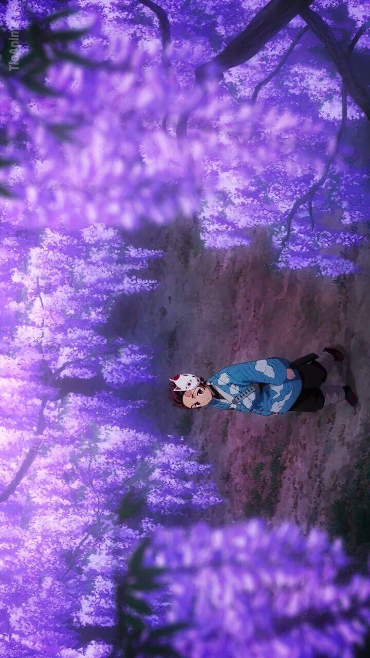 720x1280 Demon Slayer:Kimetsu No Yaiba : Tanjirou among The Wisteria Flowers during Final Selection on Mount Fujikasan. Anime demon, Anime background, Demon