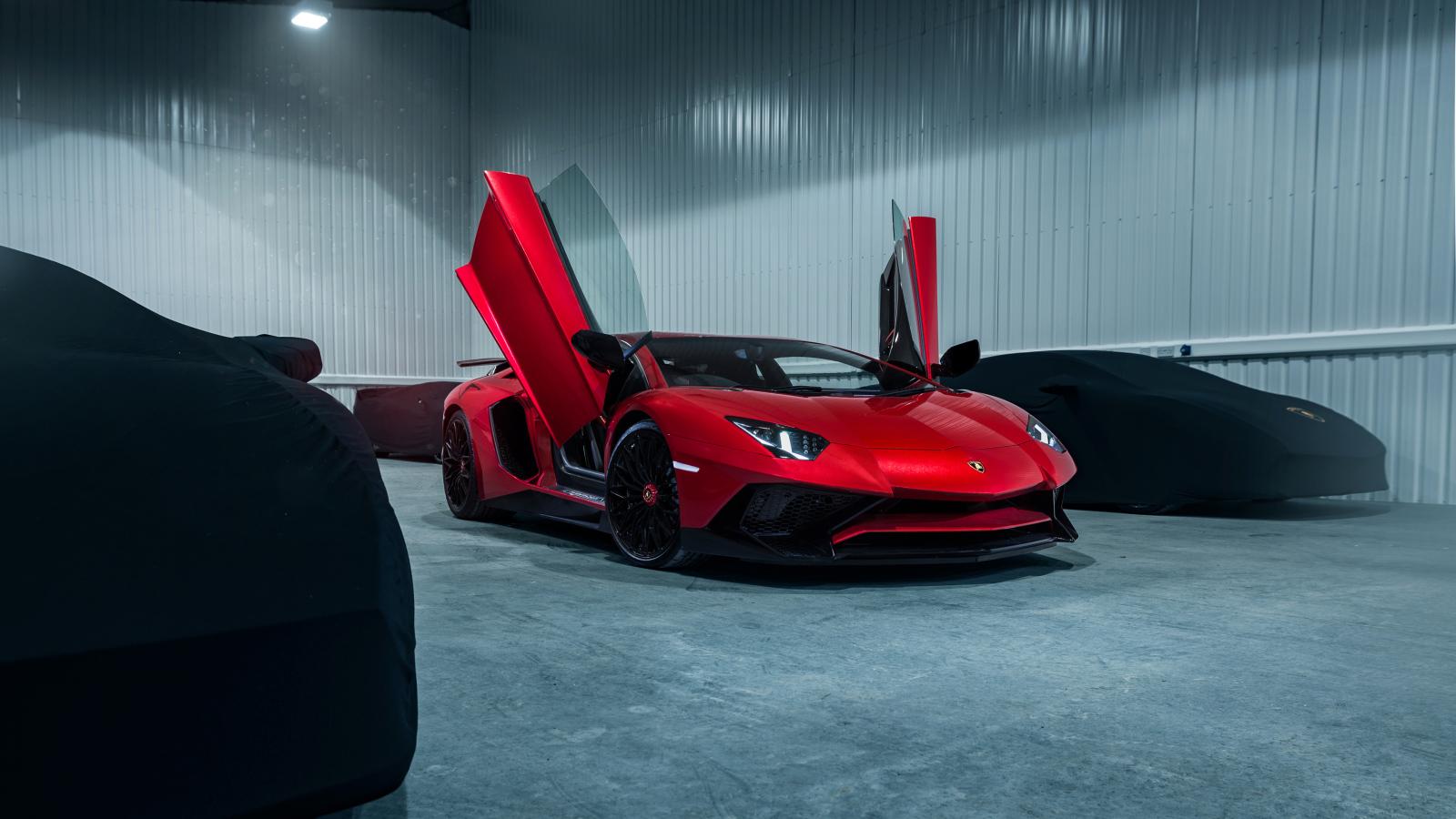 1600x900 Red car Lamborghini Aventador SV with open doors Desktop wallpaper 1600x900
