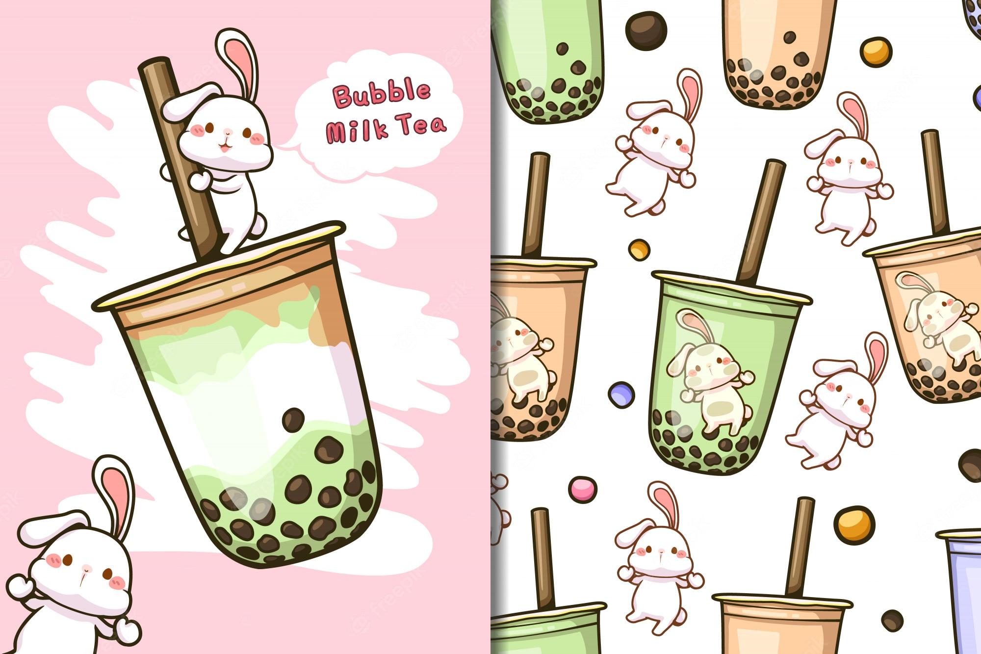 2000x1333 Premium Vector. Wallpaper and pattern bubble milk tea with white rabbit